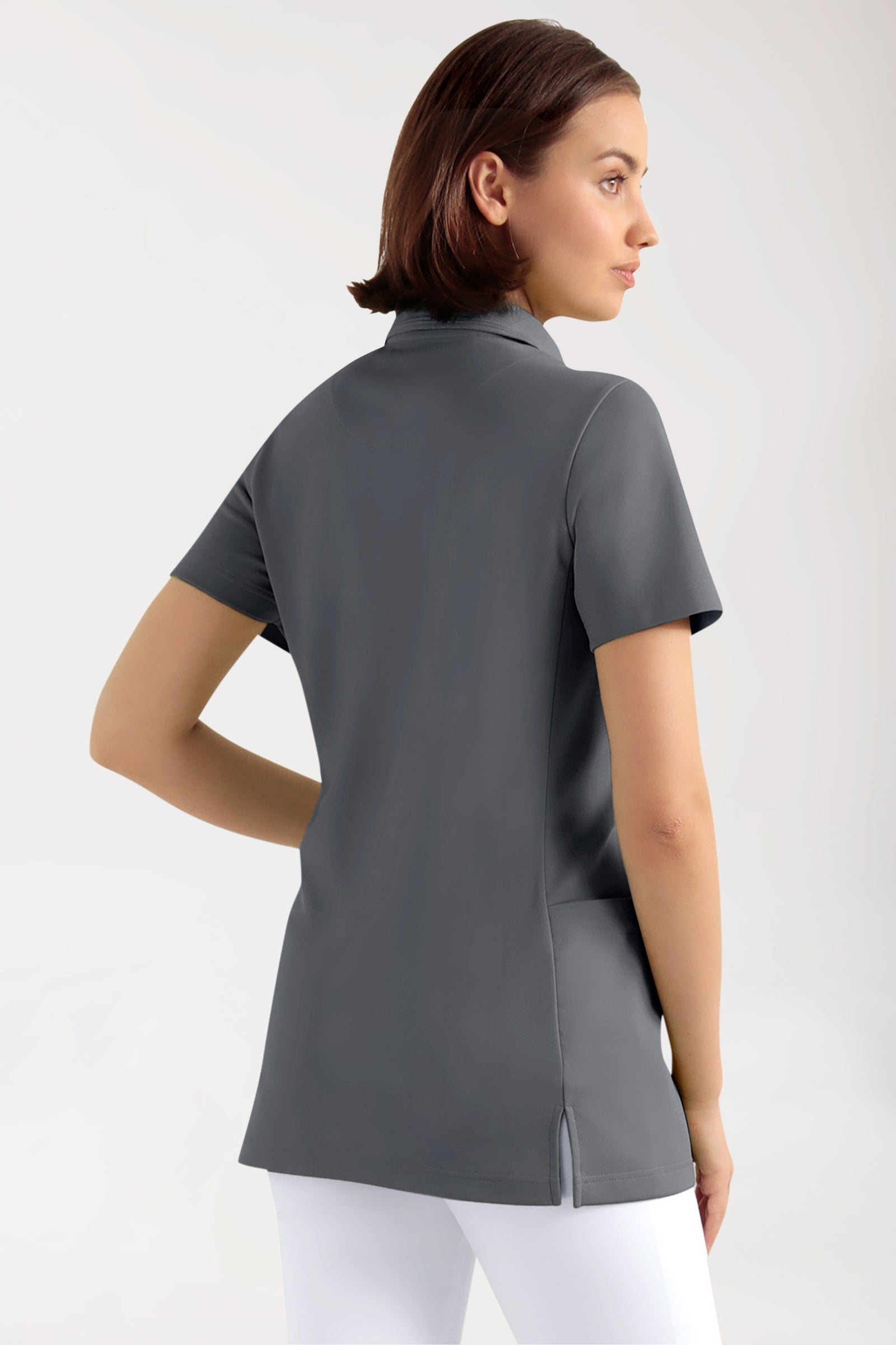 COMFY FLEX Stretch Schlupfkasack Damen - Polokragen steingrau, Rückansicht