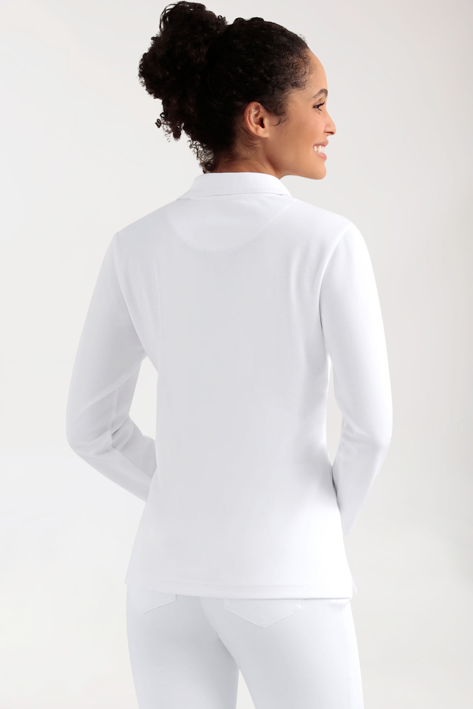 COMFY FLEX Stretch Longsleeve Damen - Polokragen weiß, Rückansicht
