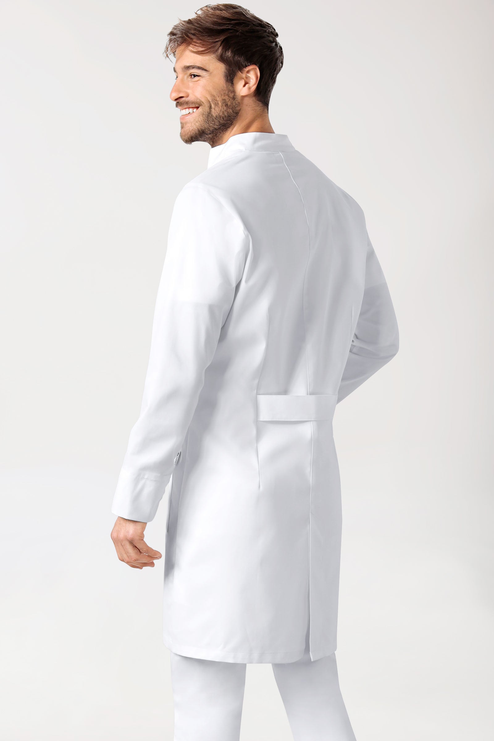 Mantel Herren - Druckknopfleiste - Stehkragen weiß, Rückansicht