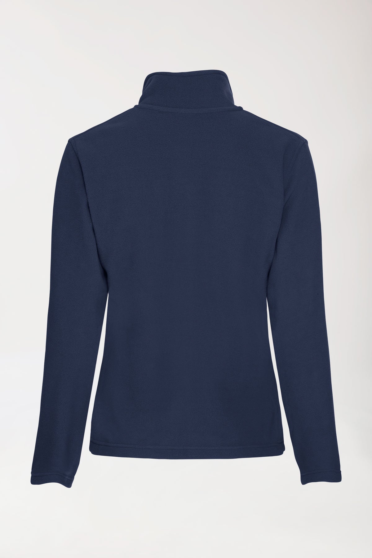 Rückansicht einer dunkelblauen CLINIC DRESS Fleecejacke für Damen – Stehkragen, nachtblau, mit Stehkragen und Reißverschluss vorne.