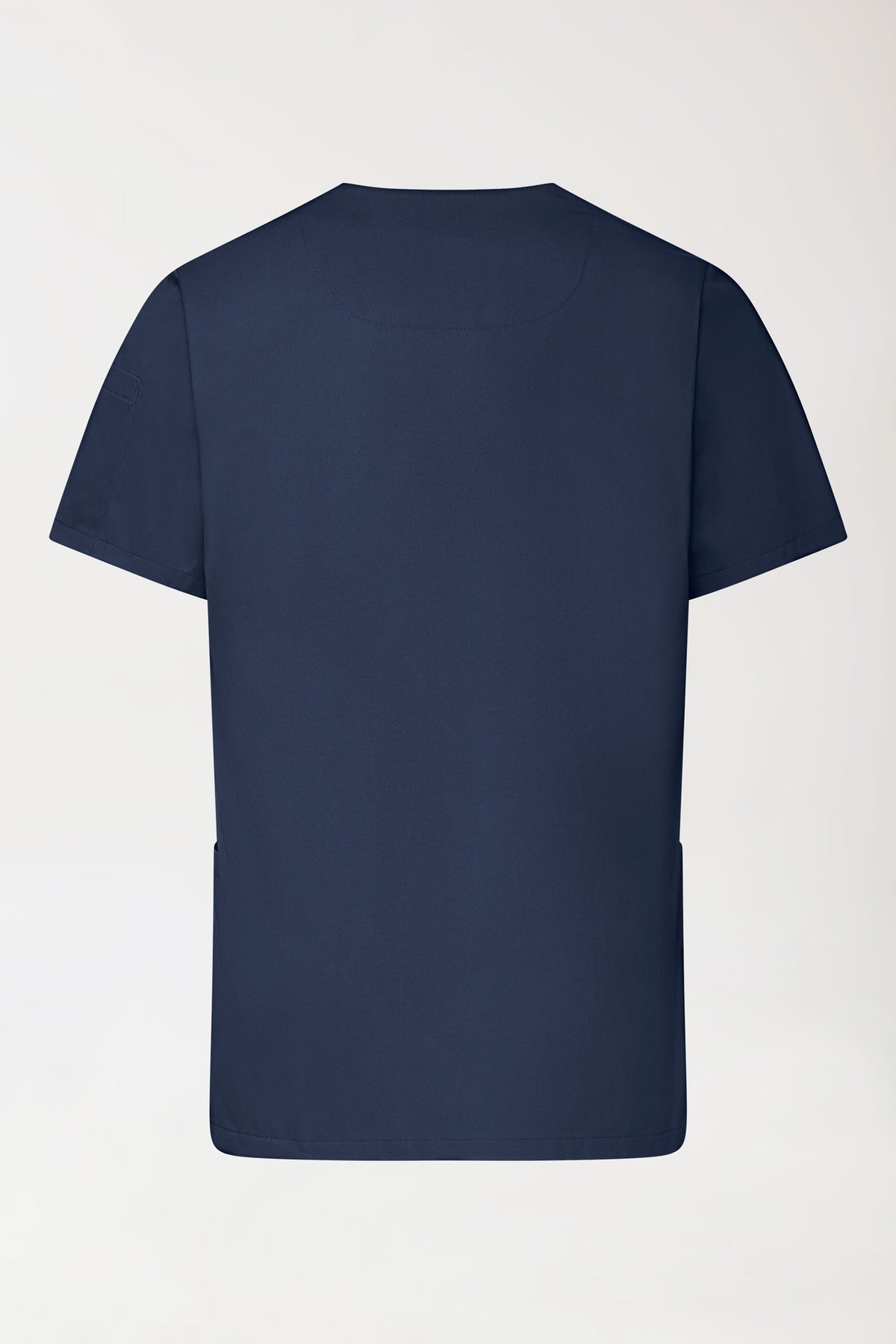 Rückansicht eines marineblauen GREEN Stretch-Schlupfkasacks für Herren – marineblaues Scrub-Oberteil mit V-Ausschnitt, kurzen Ärmeln und einer Armtasche.