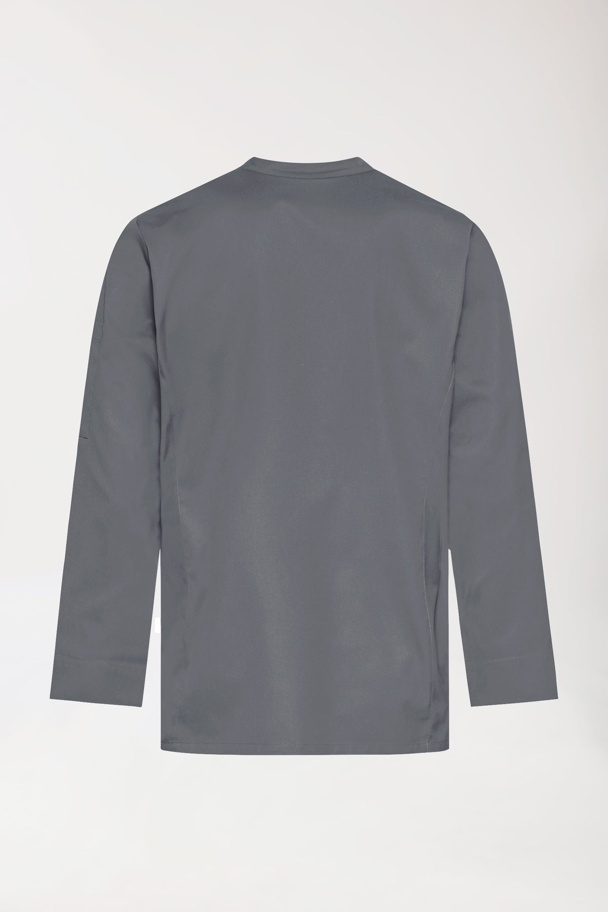 Rückansicht einer steingrauen CLINIC DRESS Gastro Kochjacke für Herren – 1/1-Ärmel, mit Stehkragen und einer praktischen Stifttasche am langen Ärmel.