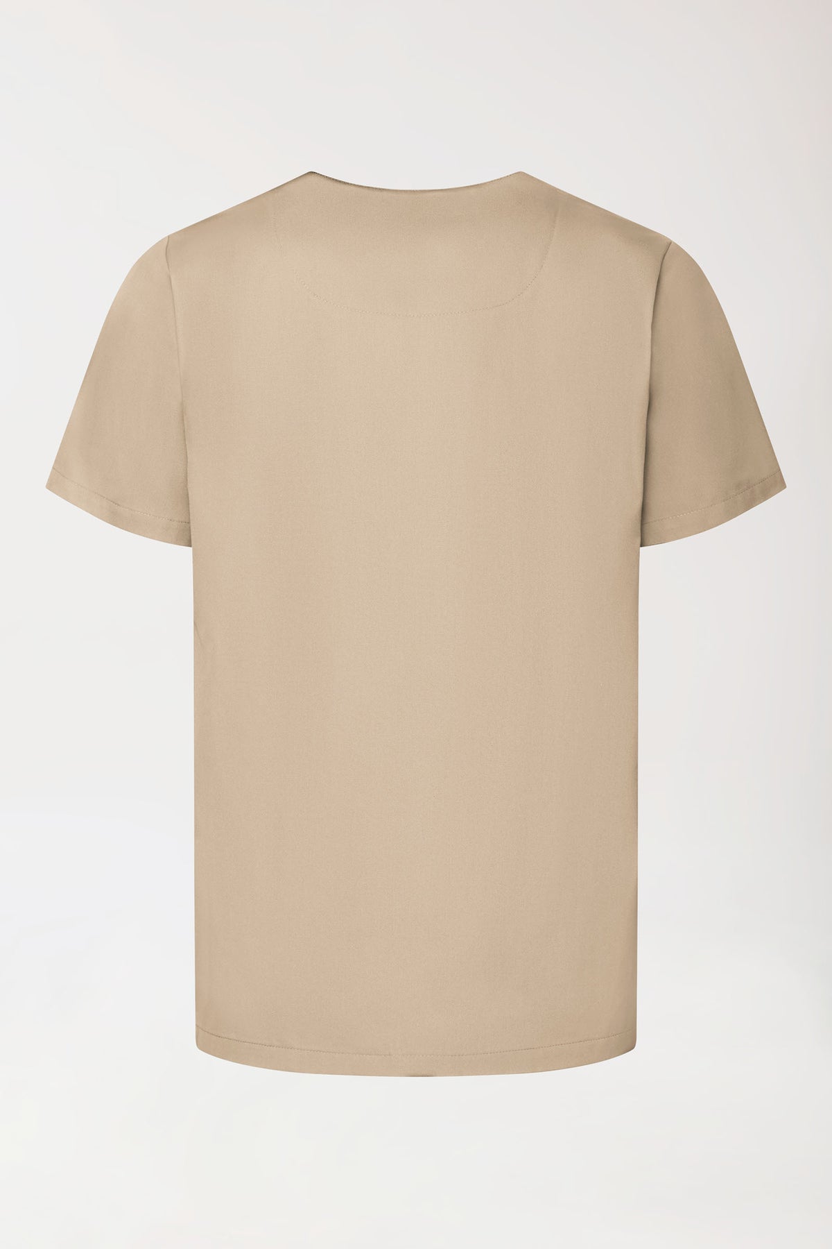 Rückansicht des GREEN Stretch Schlupfkasack Unisex – V-Ausschnitt sand in sandfarbener Ausführung mit V-Ausschnitt und Brusttasche., Rückansicht