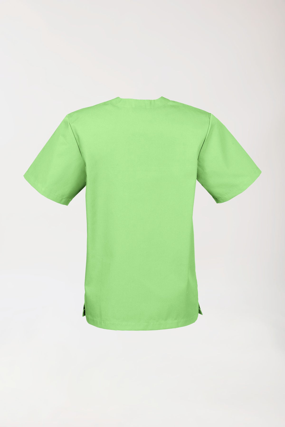 Rückansicht eines limettengrünen JUST STRONG Schlupfkasacks Unisex – V-Ausschnitt, apfelgrünes Kurzarm-OP-Oberteil mit V-Ausschnitt.