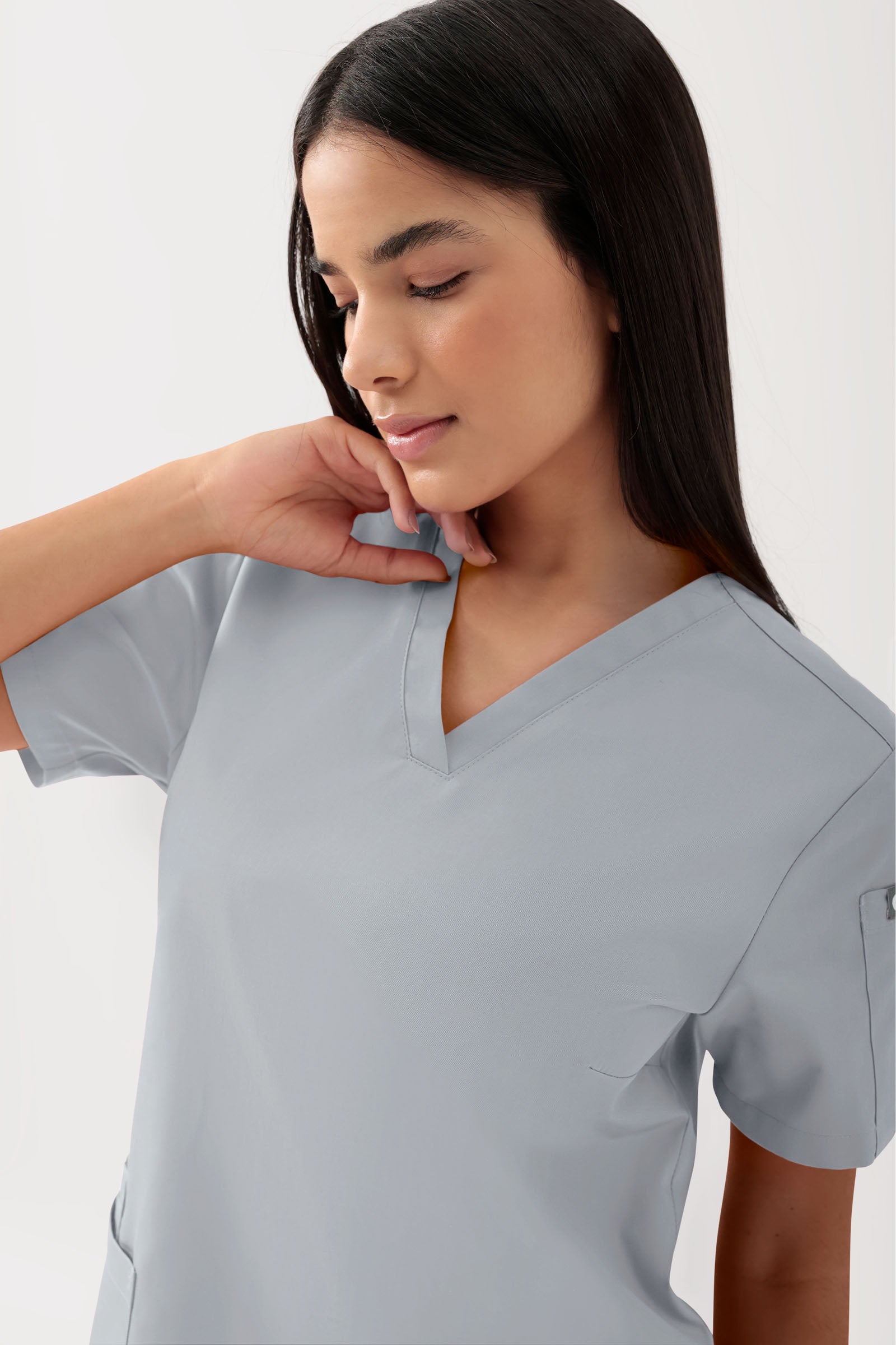 GREEN Stretch Schlupfkasack Damen - V-Ausschnitt perlgrau