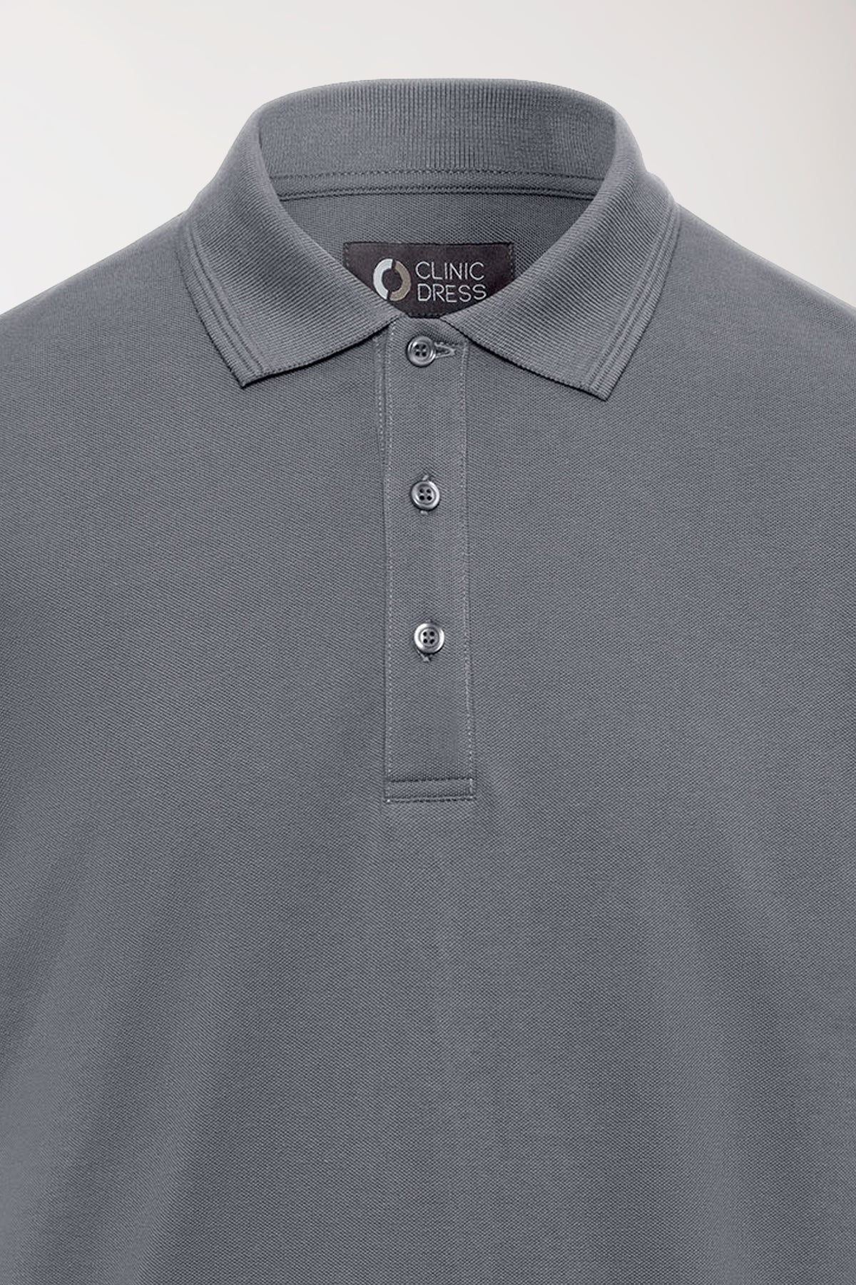 COMFY FLEX Stretch-Shirt für Herren – Polokragen, steingrau, mit geripptem Kragen und einer Knopfleiste mit drei Knöpfen.
