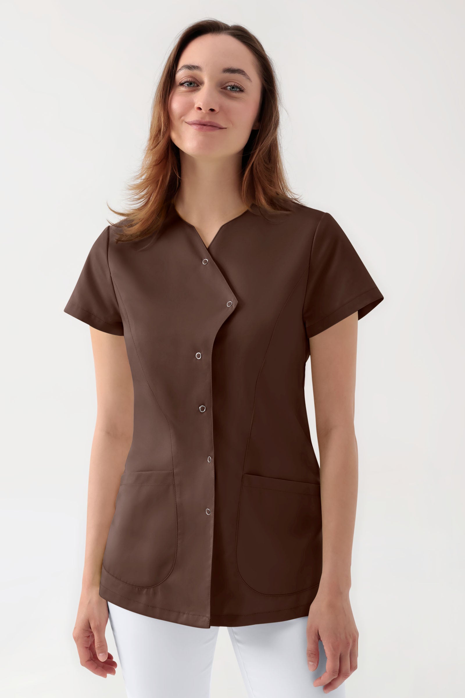 GREEN Stretch Kasack Damen - asymmetrische Druckknopfleiste coffee