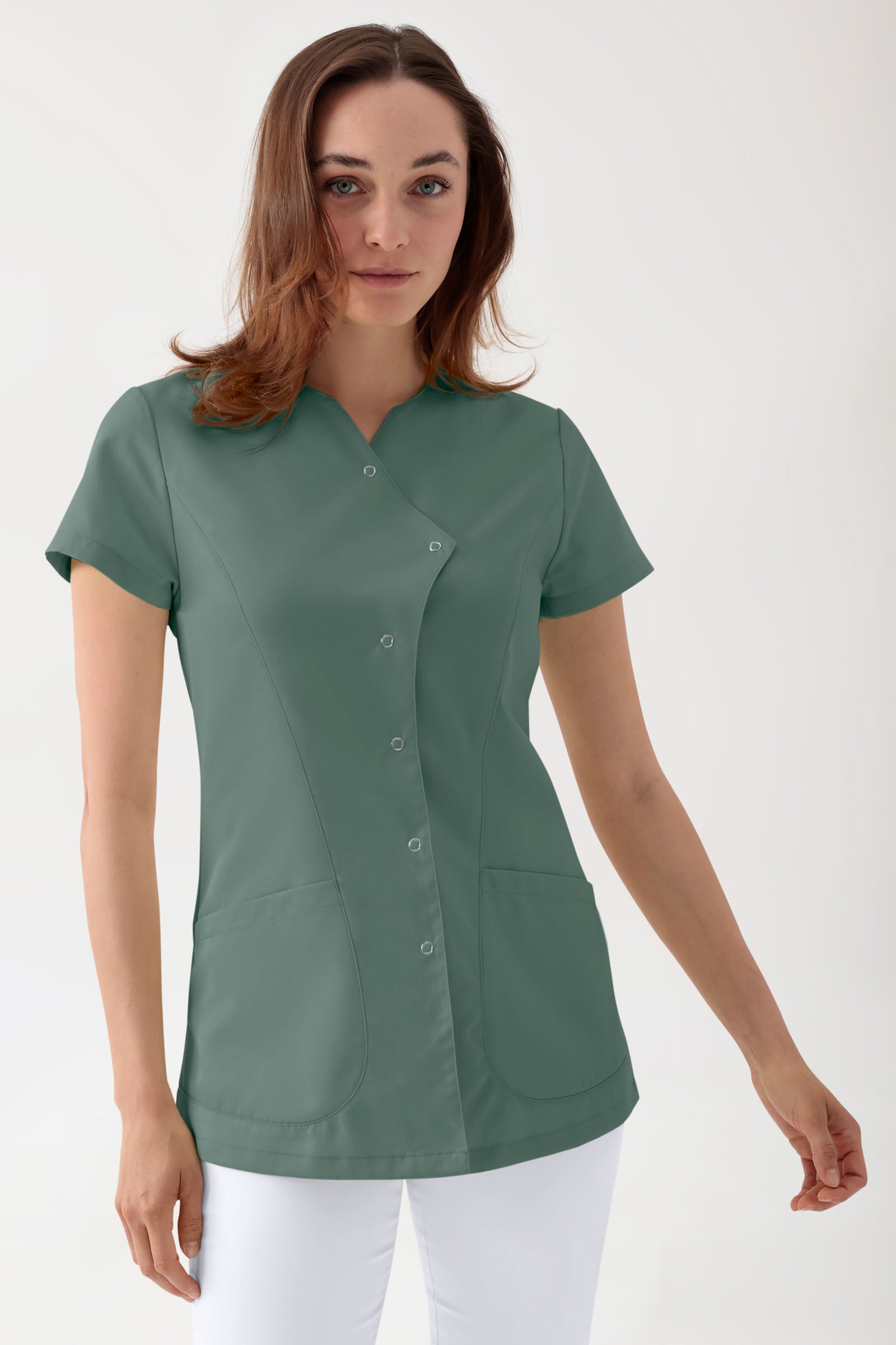 GREEN Stretch Kasack Damen - asymmetrische Druckknopfleiste dunkelgrün