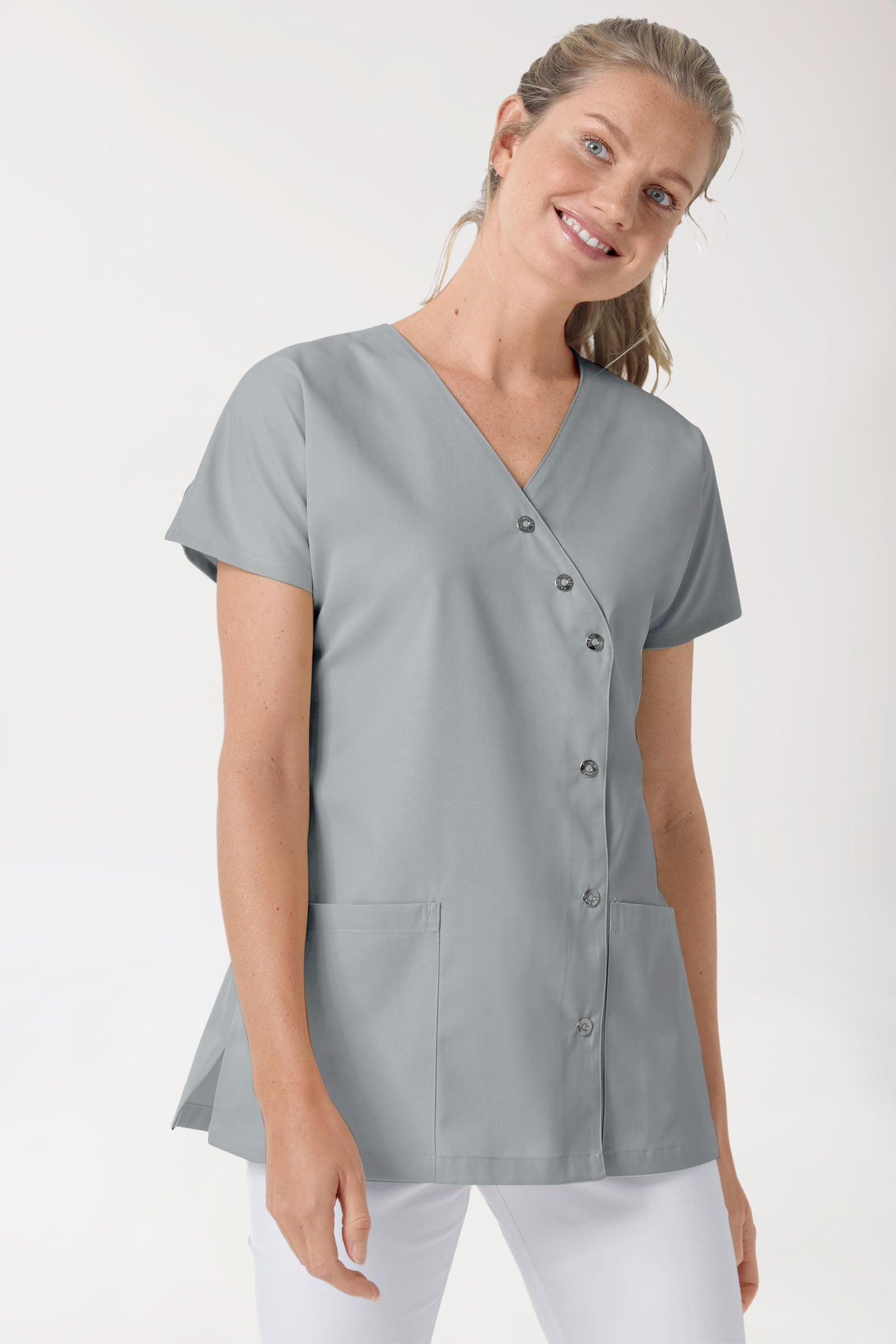 Beauty Kasack Damen - asymmetrische Druckknopfleiste grau