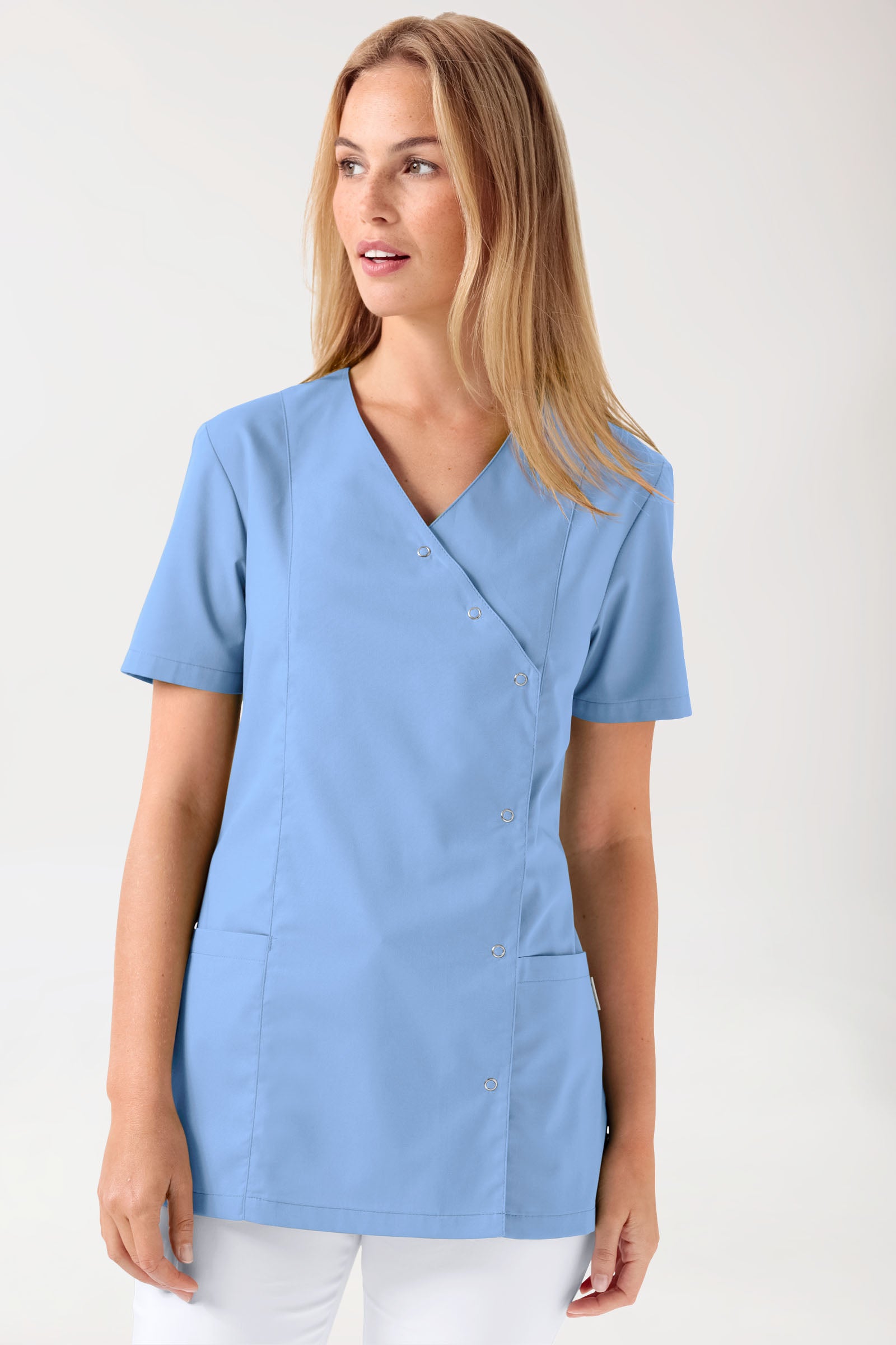 Stretch Kasack Damen - durchgeknöpft himmelblau, Vorderansicht