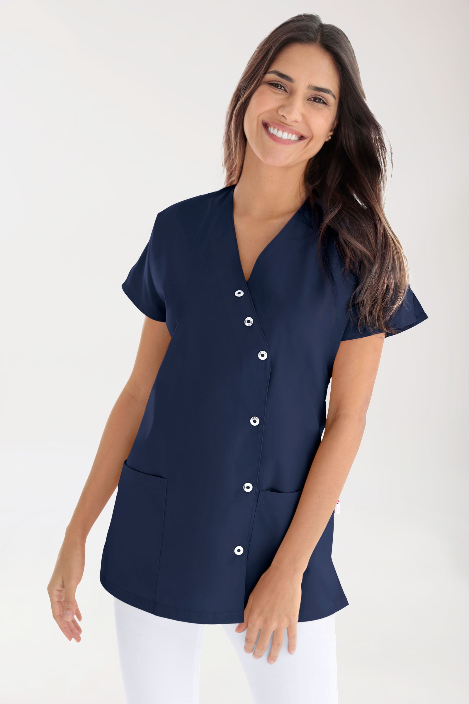 Beauty Kasack Damen - asymmetrische Druckknopfleiste navy