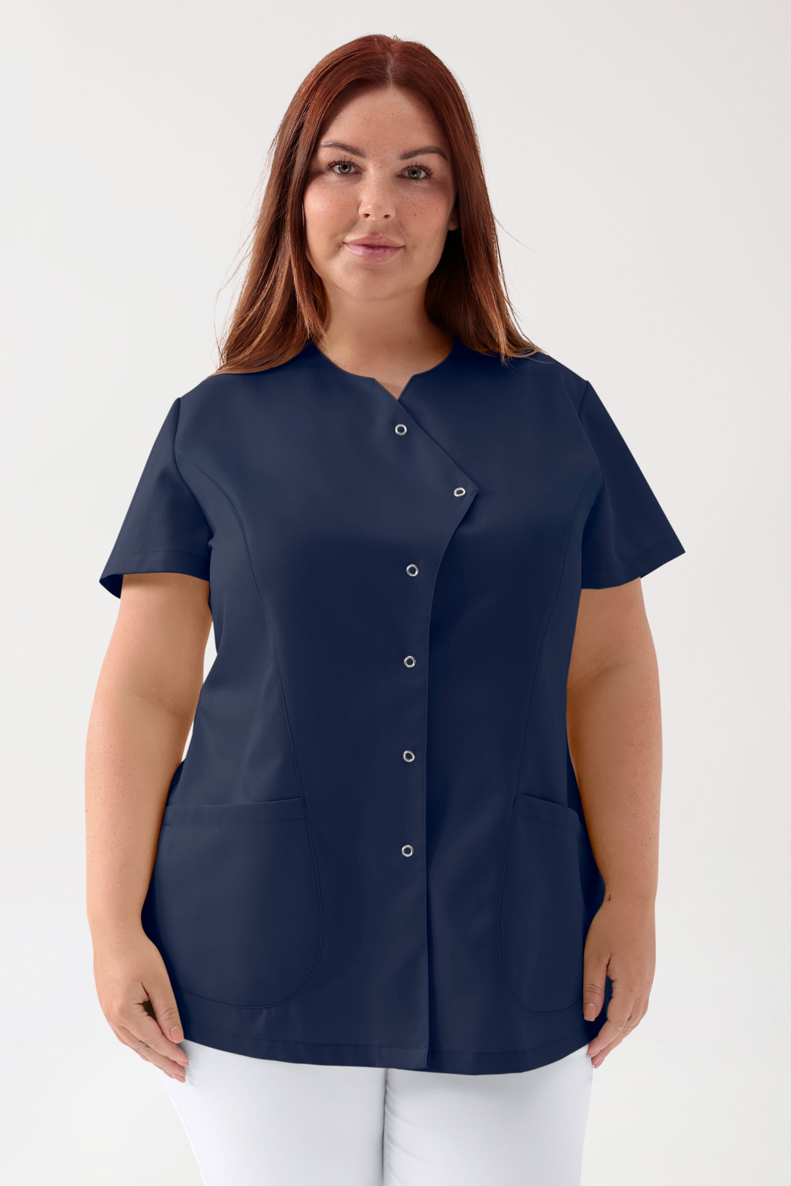 GREEN Stretch Kasack Damen - asymmetrische Druckknopfleiste navy