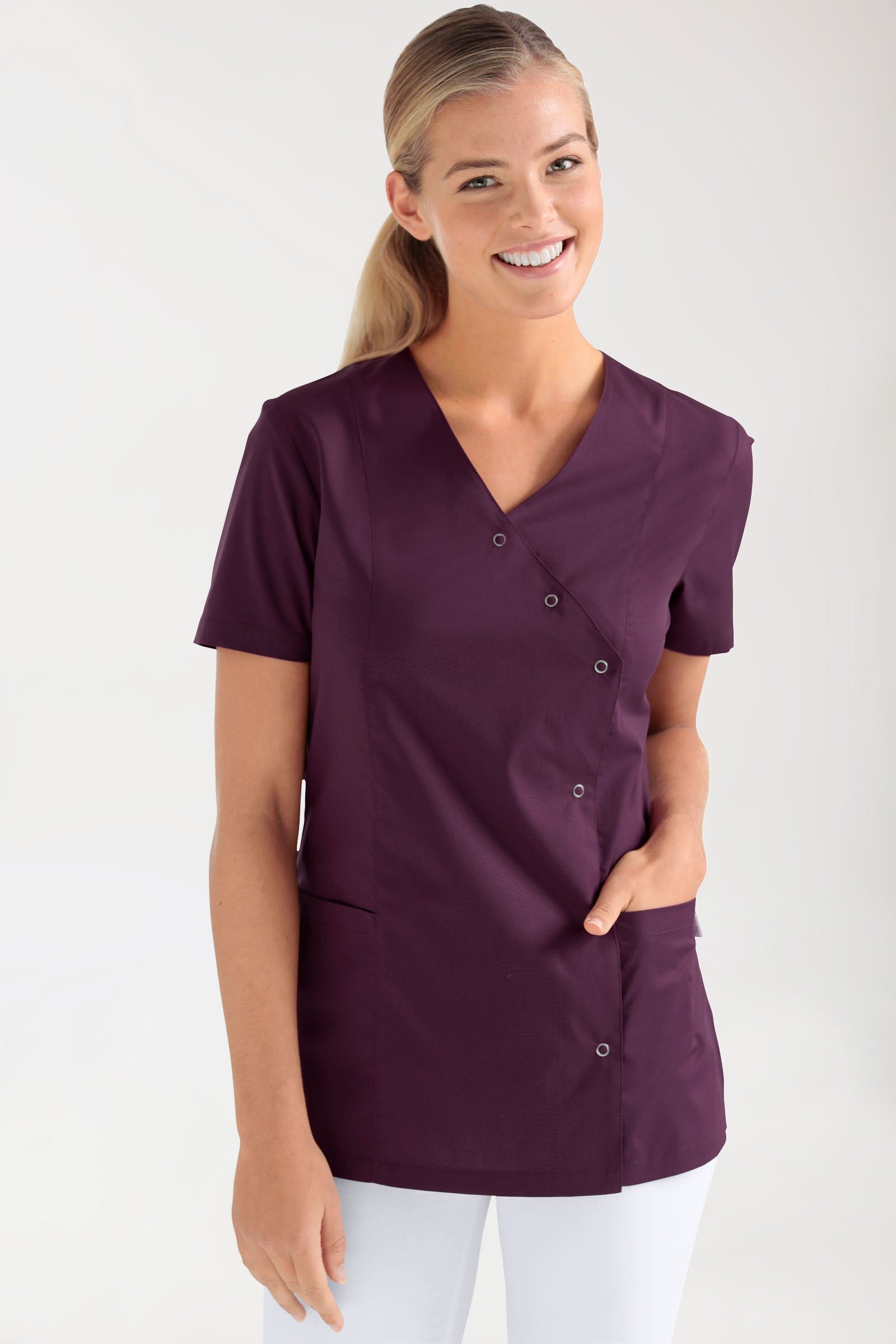 Stretch Kasack Damen - durchgeknöpft pflaume, Vorderansicht