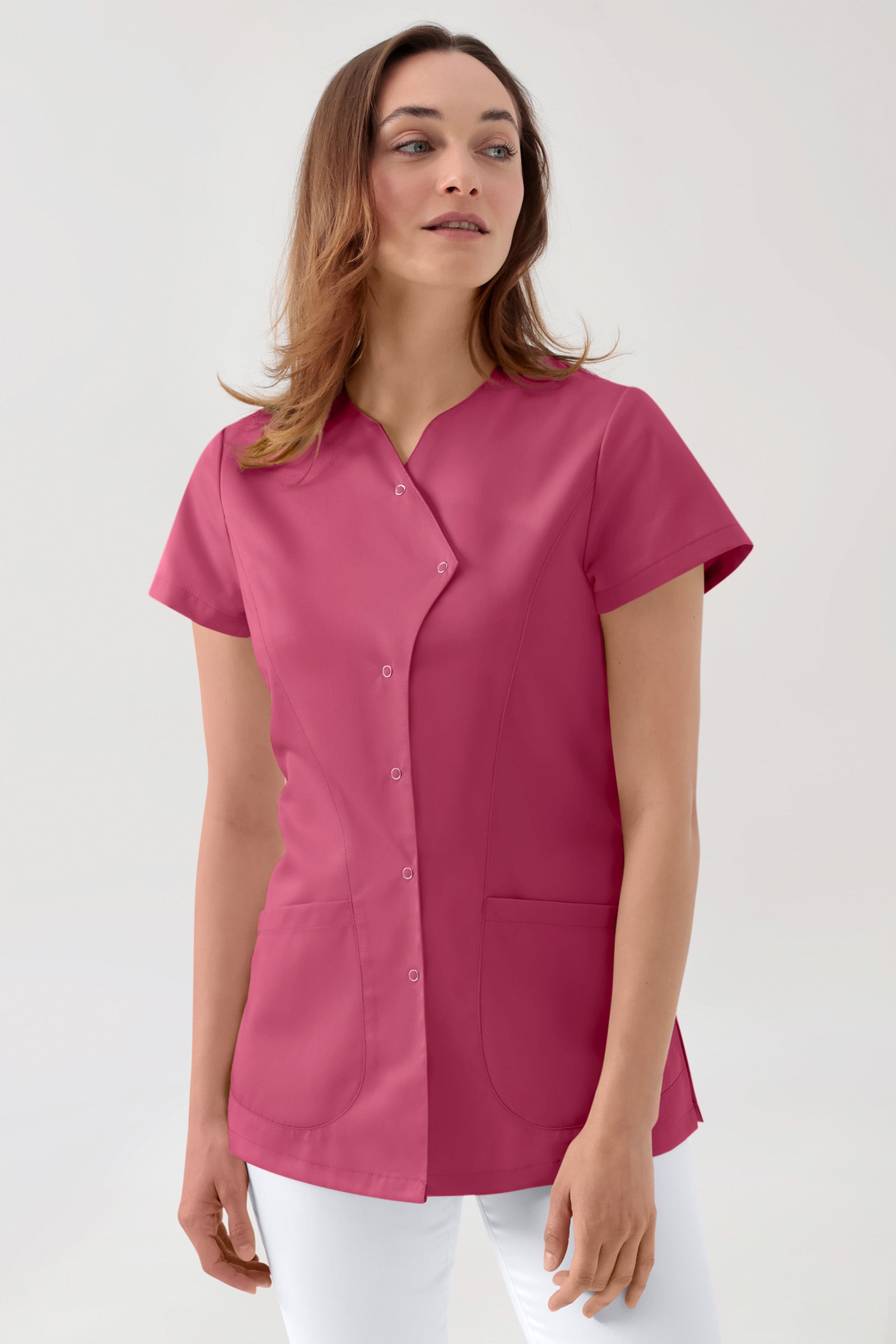 GREEN Stretch Kasack Damen - asymmetrische Druckknopfleiste rosenholz