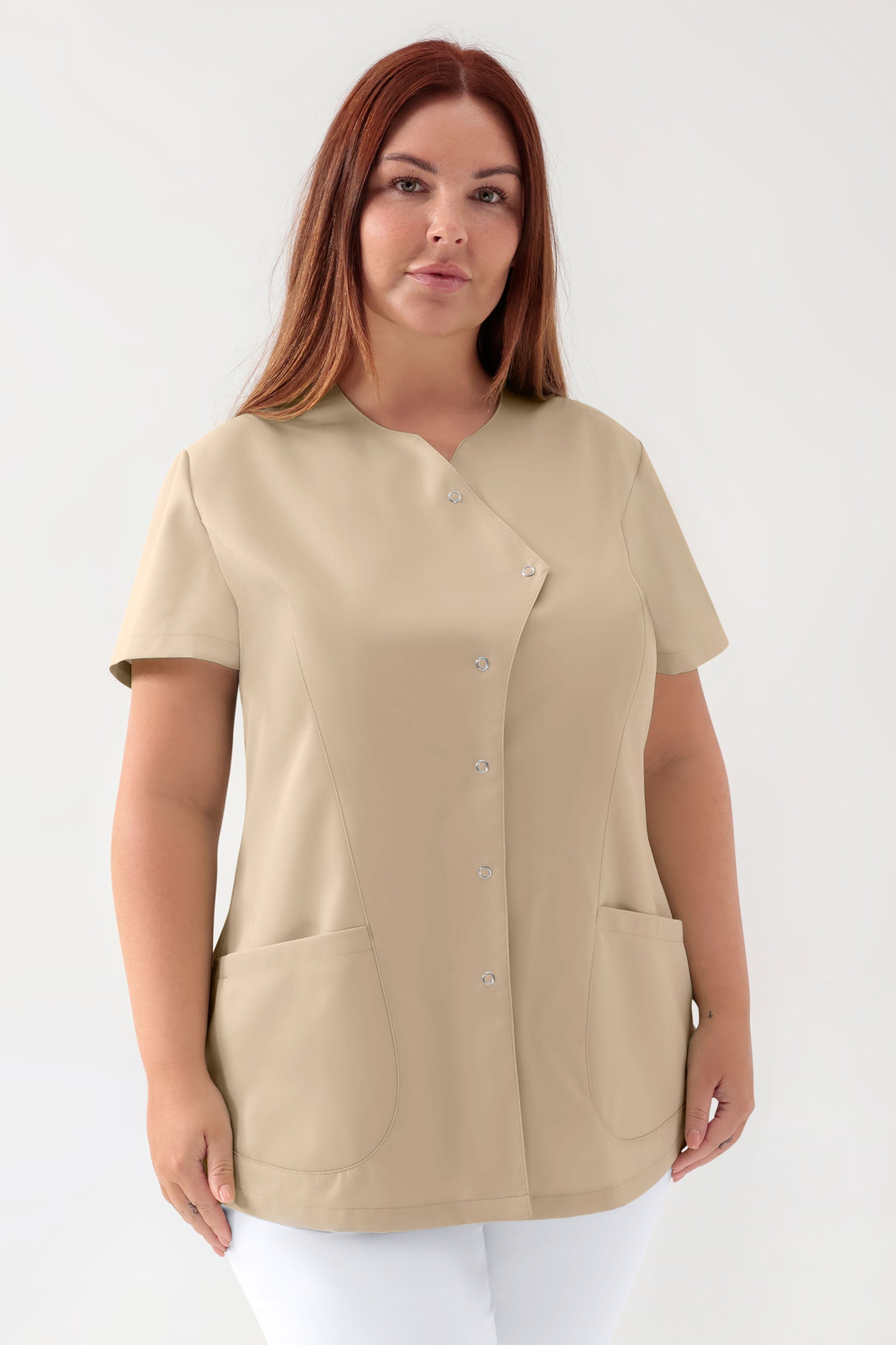GREEN Stretch Kasack Damen - asymmetrische Druckknopfleiste sand, Vorderansicht