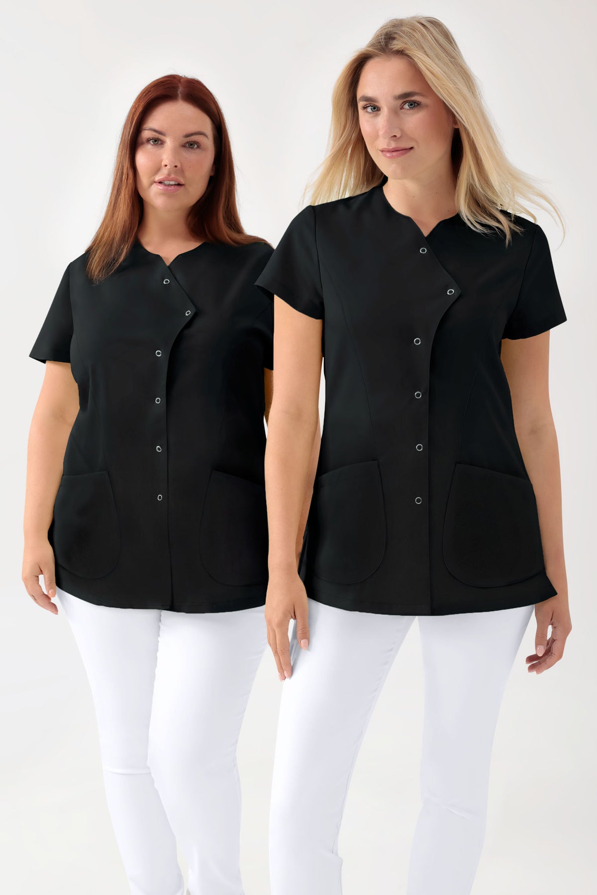 GREEN Stretch Kasack Damen - asymmetrische Druckknopfleiste schwarz, Vorderansicht