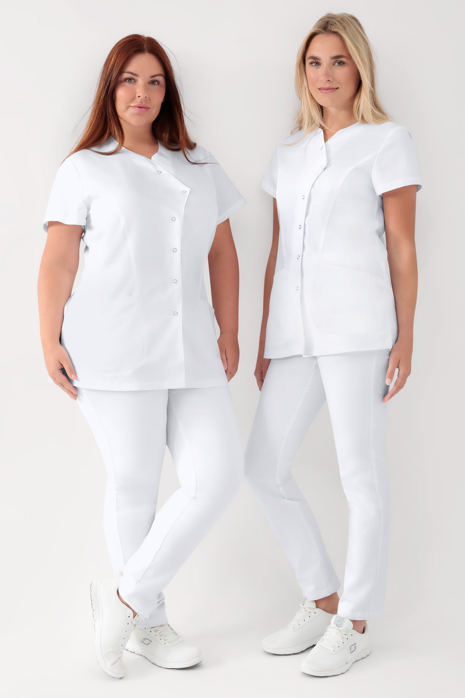 GREEN Stretch Kasack Damen - asymmetrische Druckknopfleiste weiß, Vorderansicht
