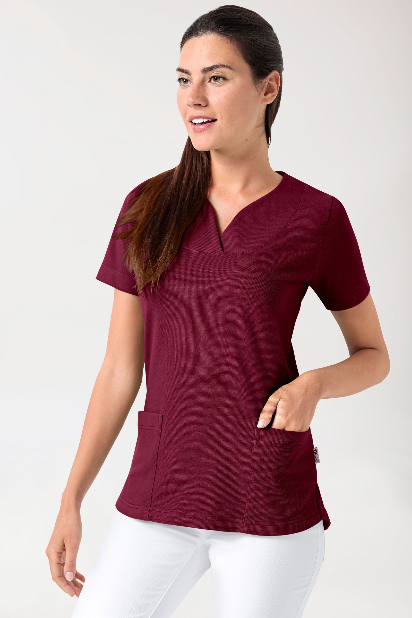 Piqué Longshirt Damen - diagonaler Ausschnitt bordeaux, Vorderansicht