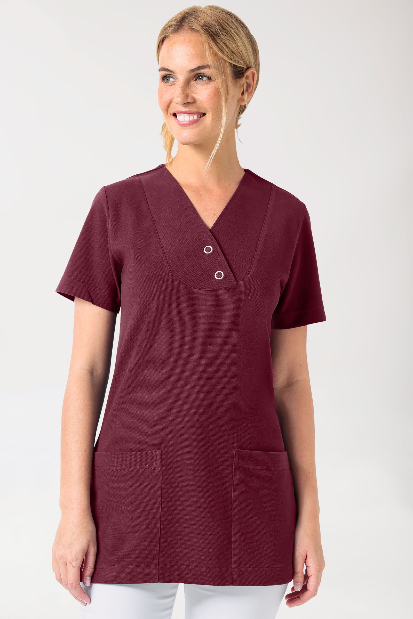 Piqué Longshirt Damen - V-Ausschnitt bordeaux, Vorderansicht