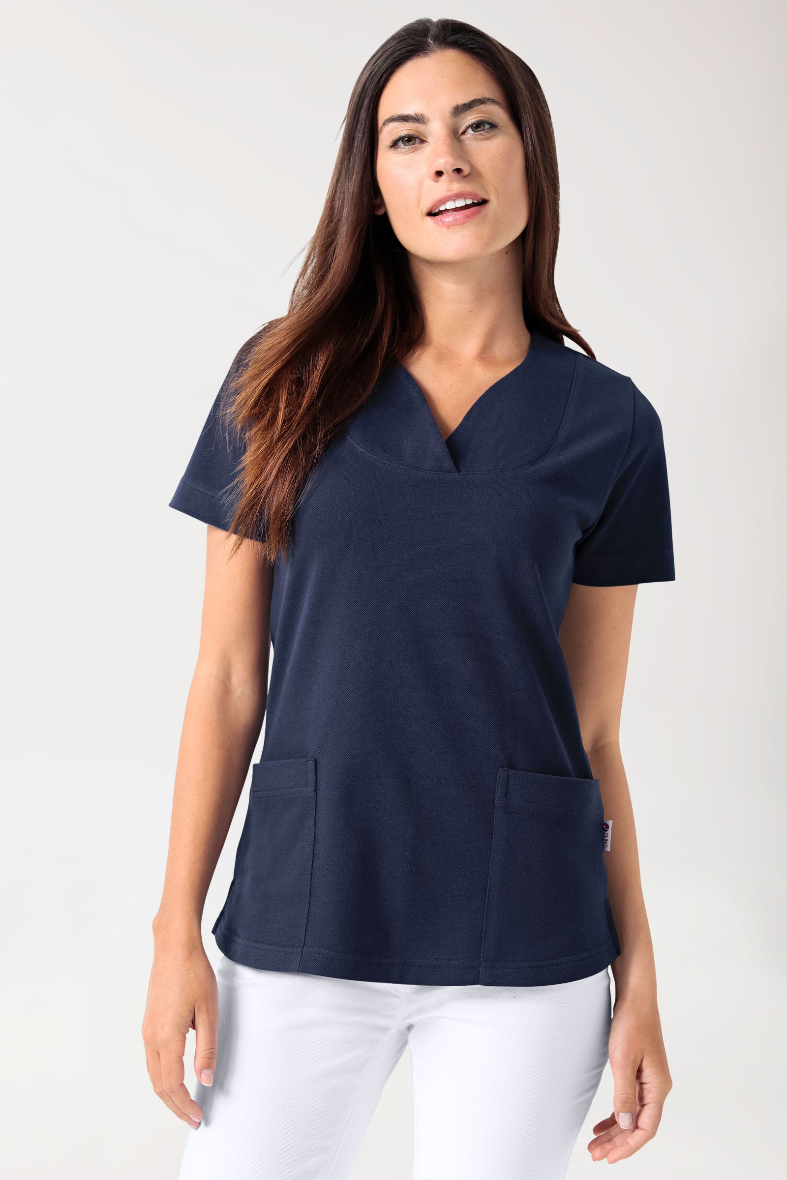 Piqué Longshirt Damen - diagonaler Ausschnitt navy, Vorderansicht