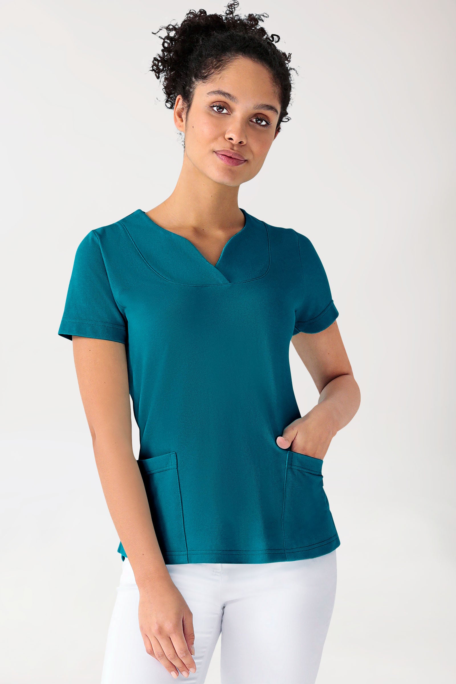 Piqué Longshirt Damen - diagonaler Ausschnitt petrol