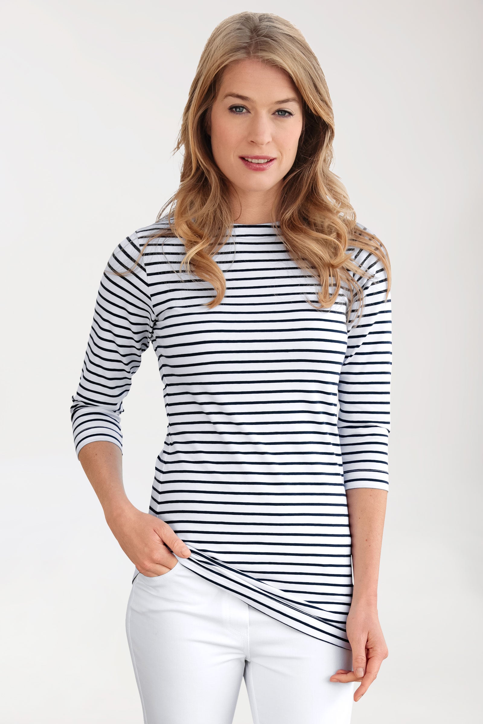 Longshirt Damen - 3/4 Arm weiß/navy, Vorderansicht