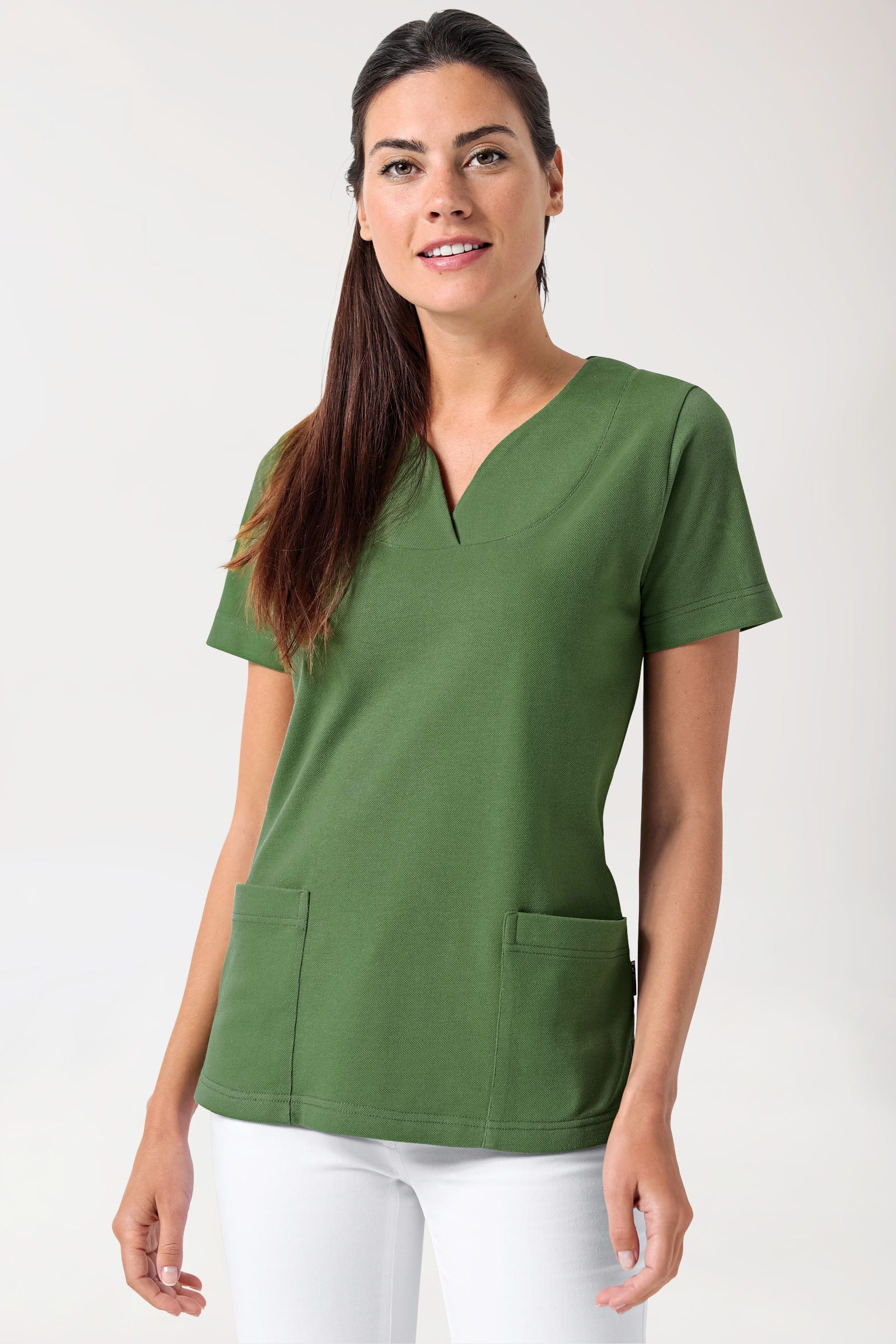 Piqué Longshirt Damen - diagonaler Ausschnitt wiesengrün, Vorderansicht