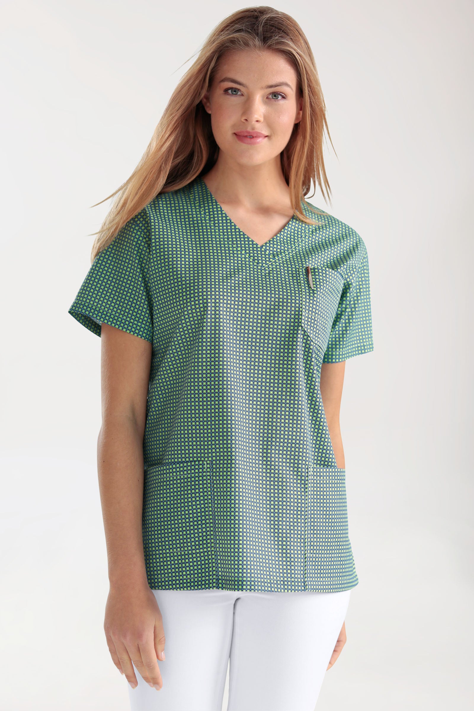 Leichter Schlupfkasack Damen - Alloverprint apfelgrün/navy