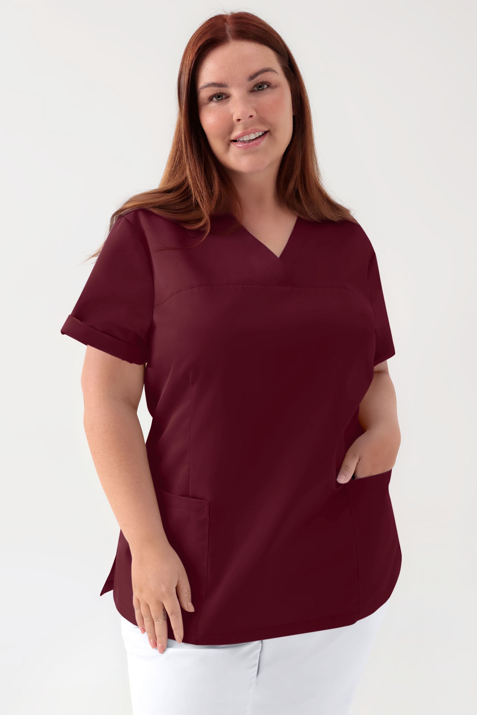 Damen Schlupfkasack Stretch - V-Ausschnitt bordeaux, Vorderansicht