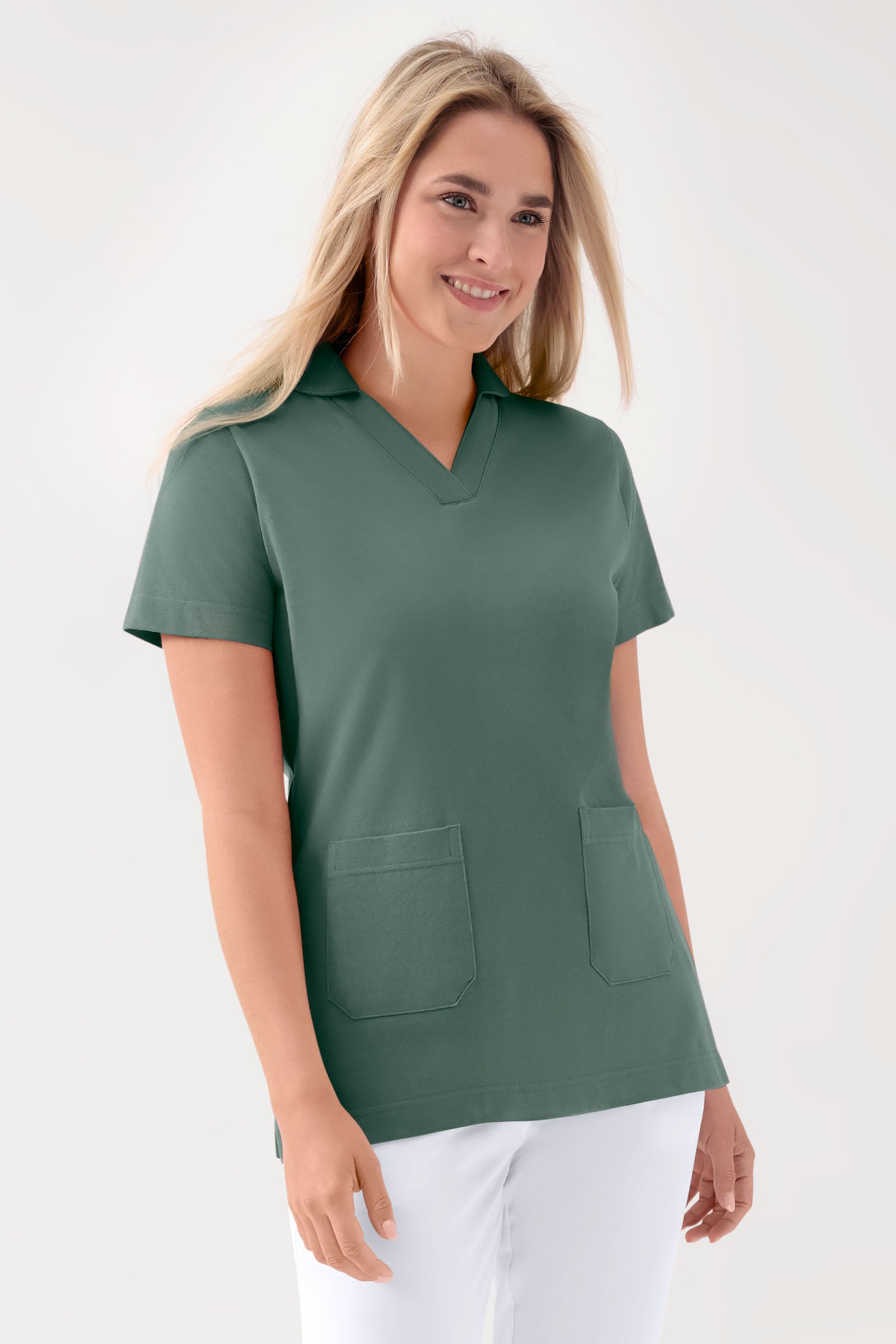 COMFY FLEX Stretch Schlupfkasack Damen - Schalkragen dunkelgrün, Vorderansicht