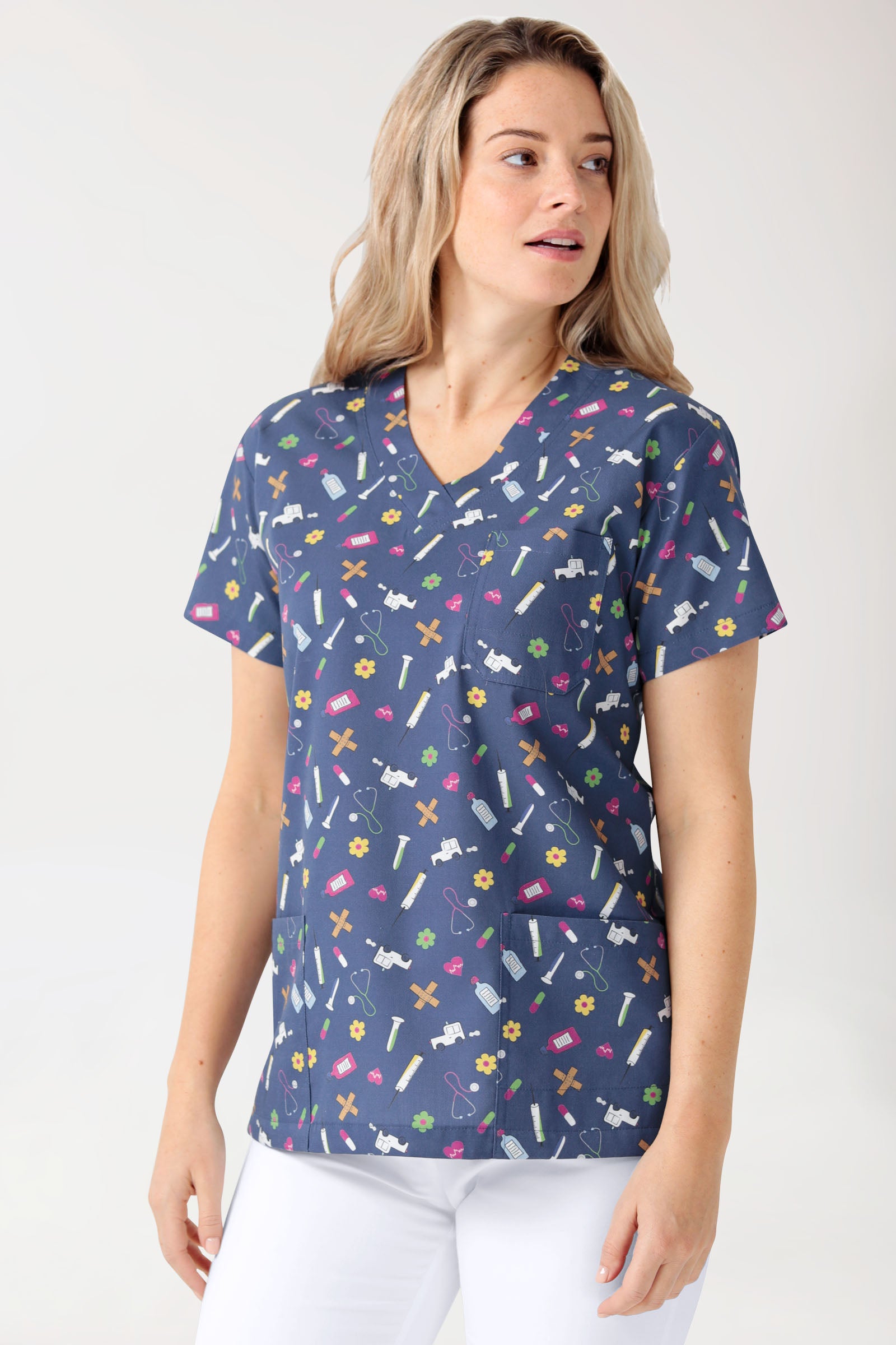 Leichter Schlupfkasack Damen - Alloverprint navy/bunt, Vorderansicht