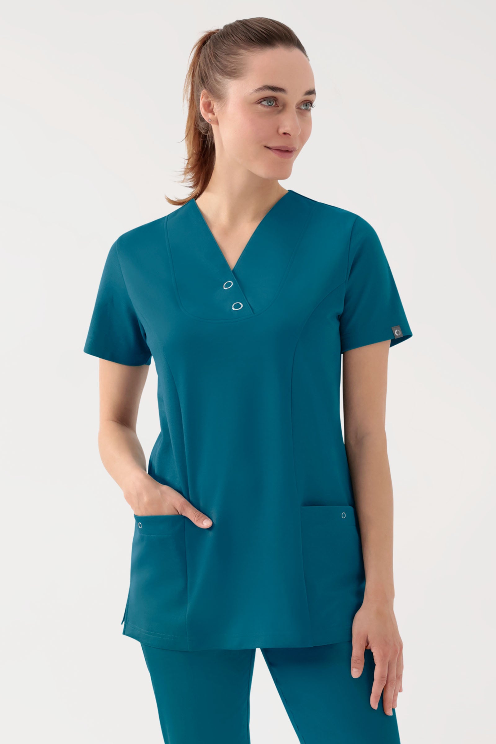 COMFY FLEX Stretch Schlupfkasack Damen - mit Druckknöpfen petrol, Vorderansicht