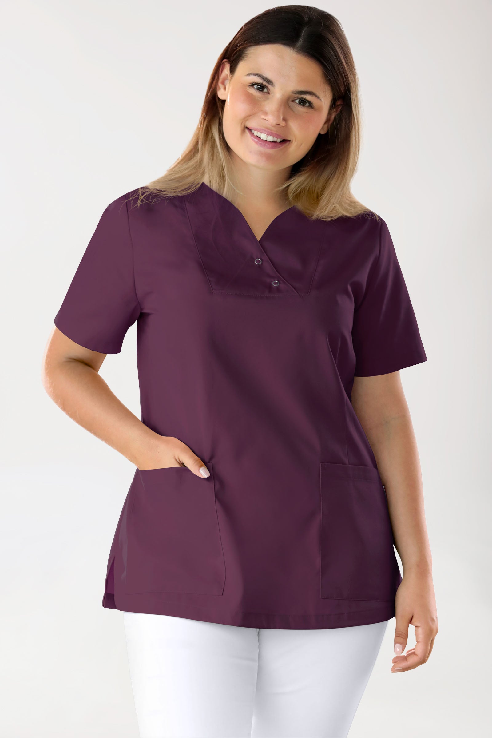 CORE Schlupfkasack Damen curved fit - mit Druckknöpfen pflaume, Vorderansicht