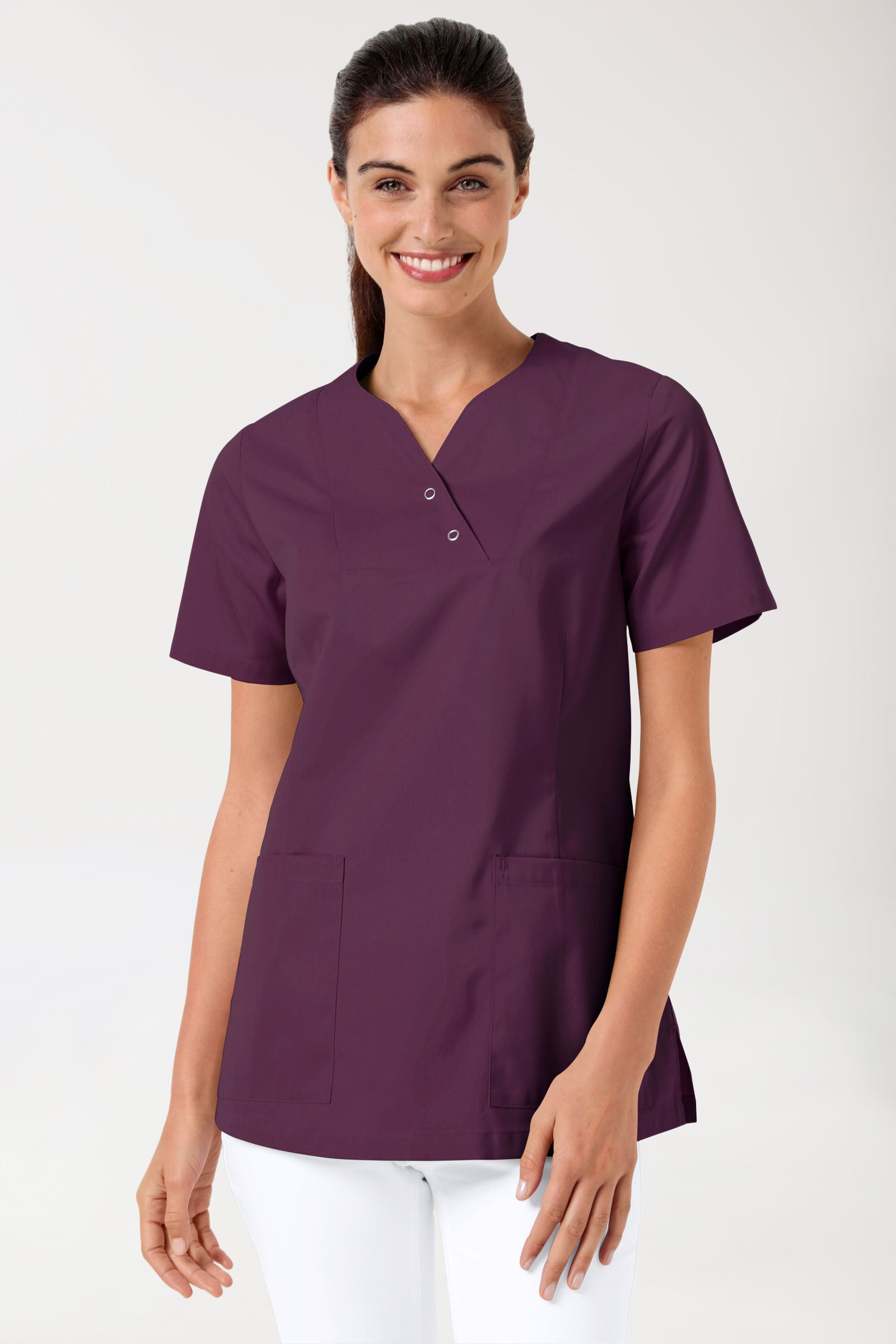 CORE Schlupfkasack Damen curved fit - mit Druckknöpfen pflaume, Vorderansicht