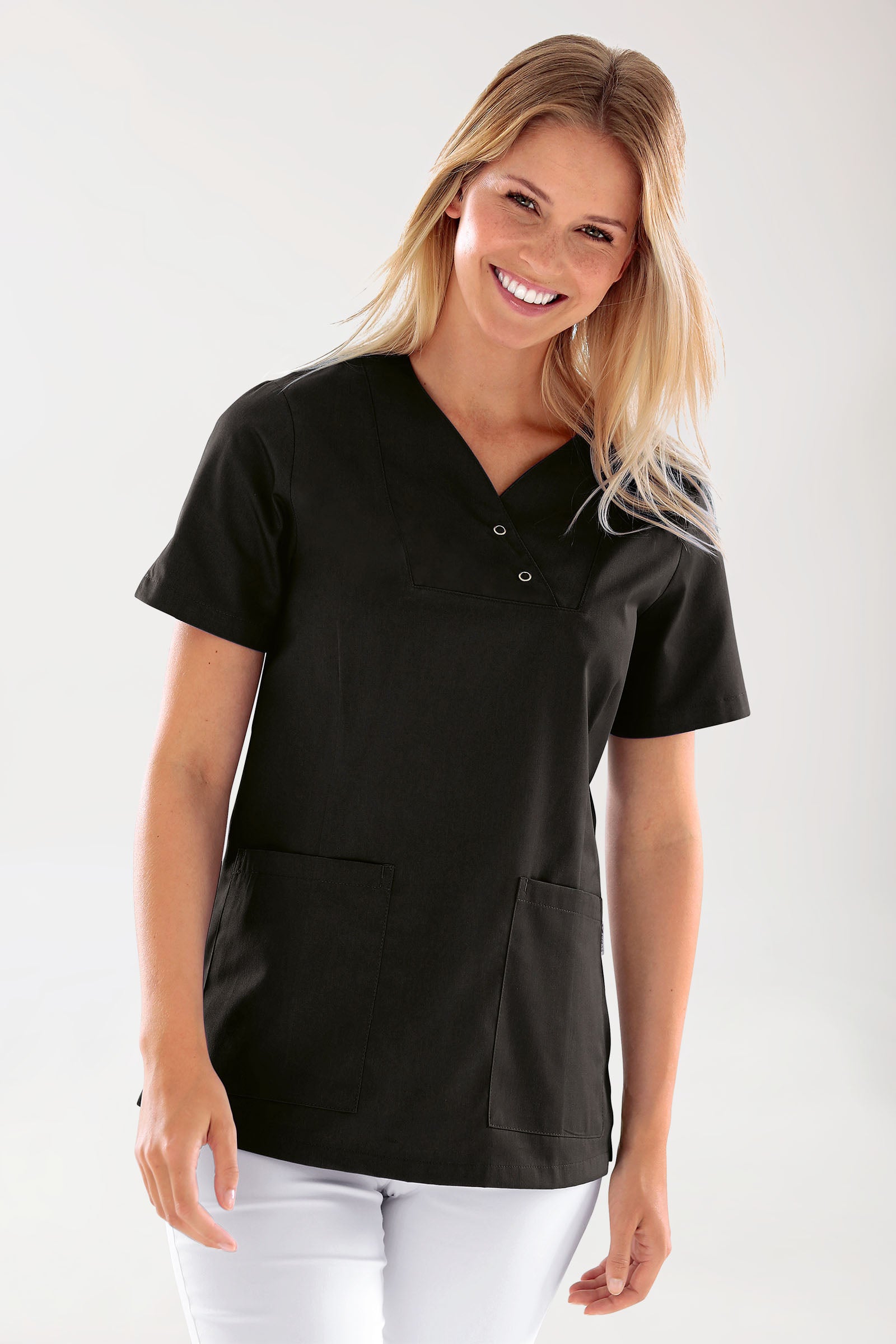 CORE Schlupfkasack Damen curved fit - mit Druckknöpfen schwarz