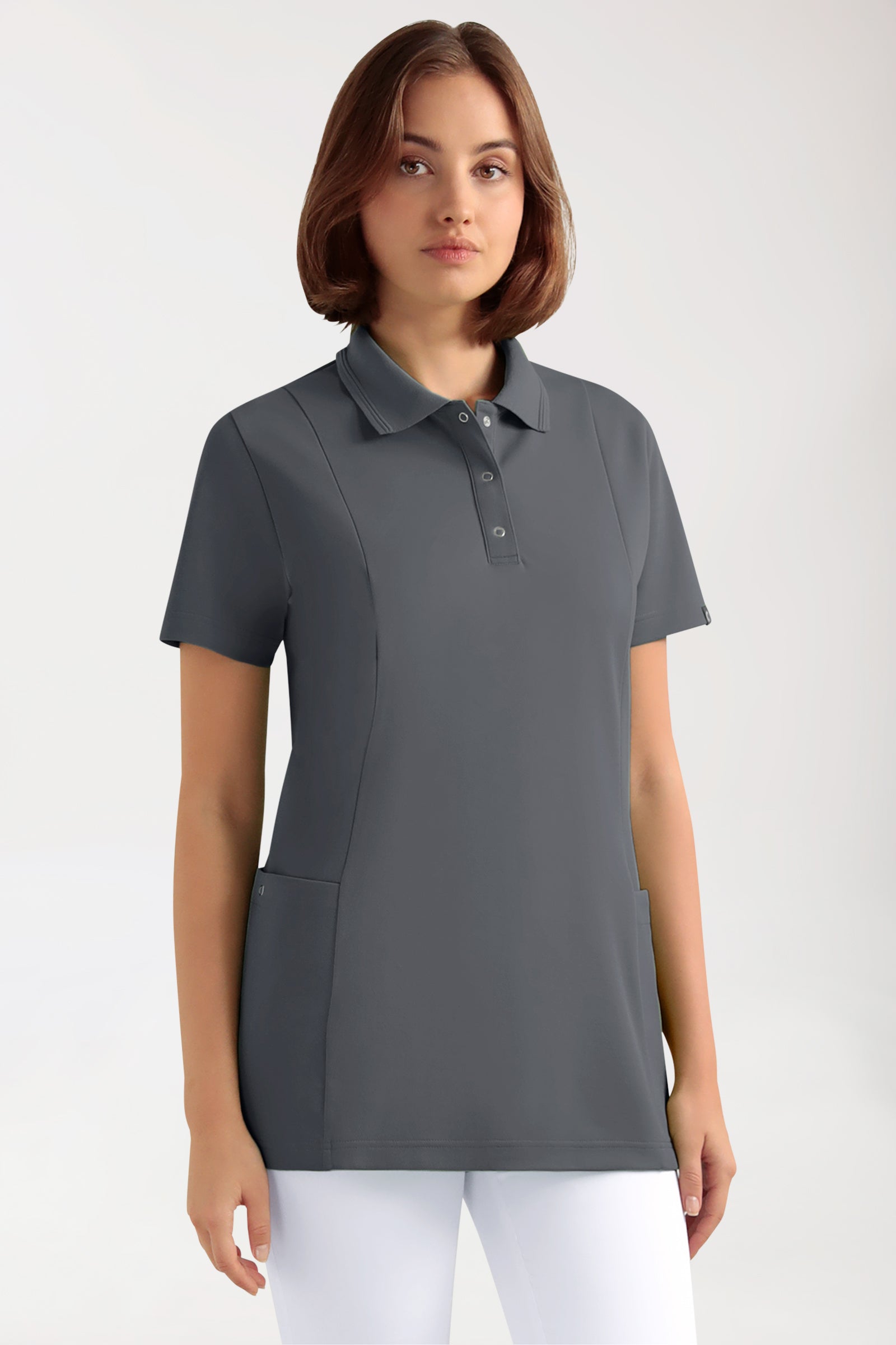 COMFY FLEX Stretch Schlupfkasack Damen - Polokragen steingrau, Vorderansicht