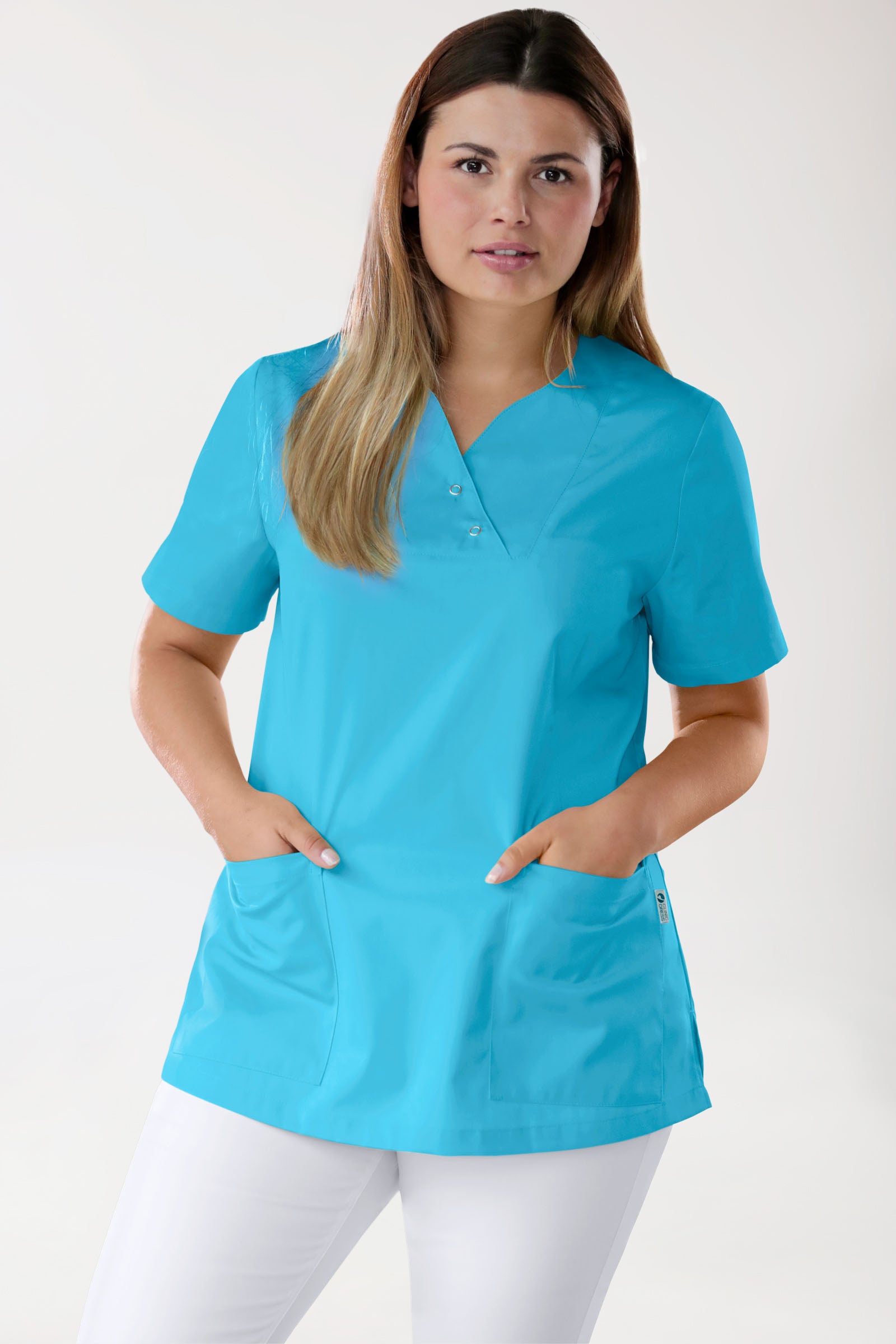 CORE Schlupfkasack Damen curved fit - mit Druckknöpfen türkis, Vorderansicht