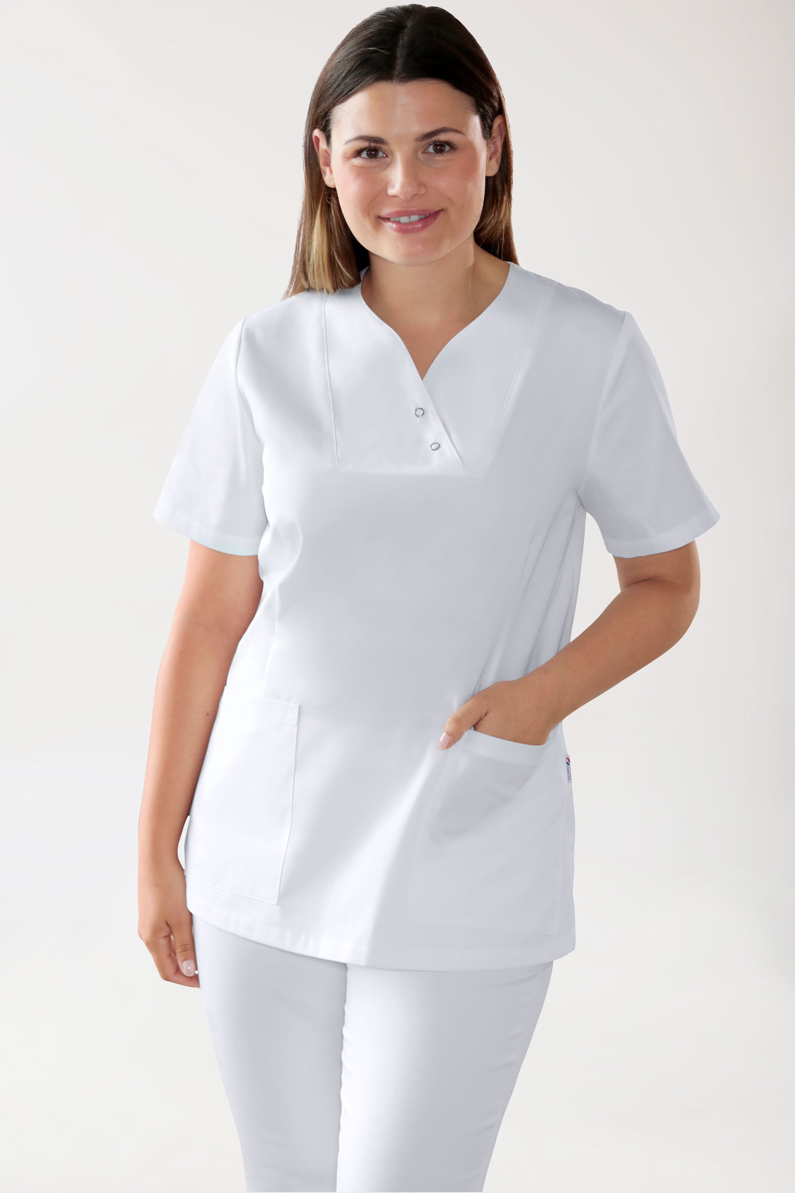 CORE Schlupfkasack Damen curved fit - mit Druckknöpfen weiß, Vorderansicht