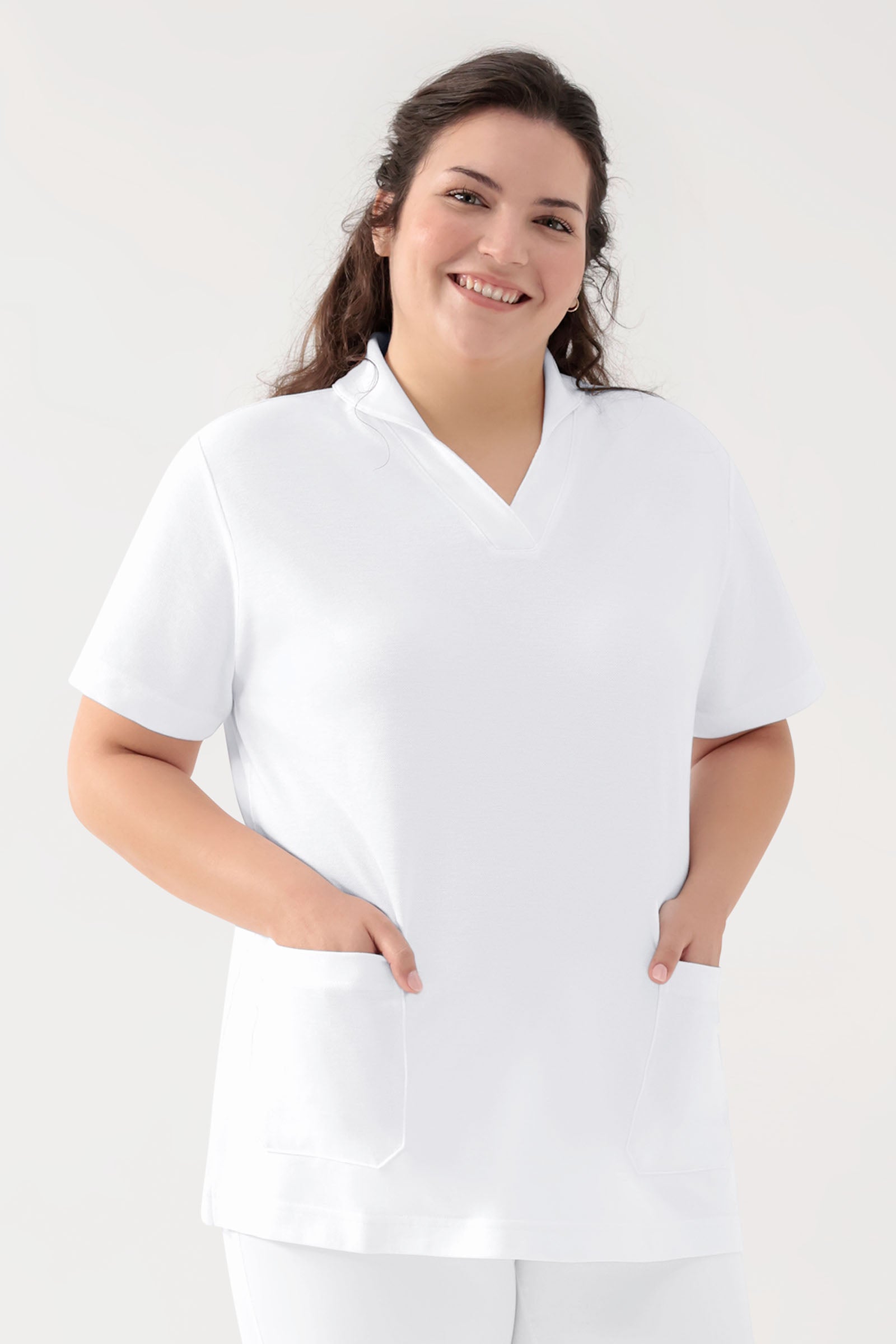 COMFY FLEX Stretch Schlupfkasack Damen - Schalkragen weiß, Vorderansicht