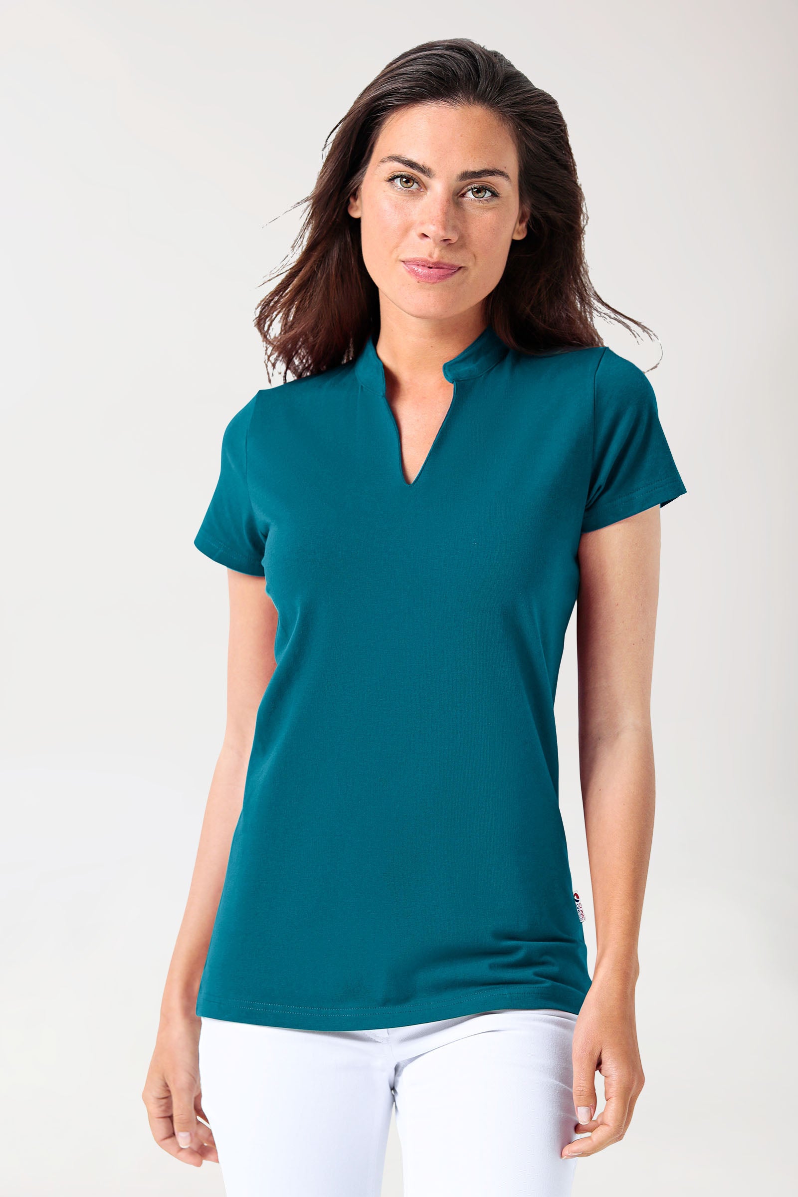 Stretch Shirt Damen - Stehkragen petrol, Vorderansicht