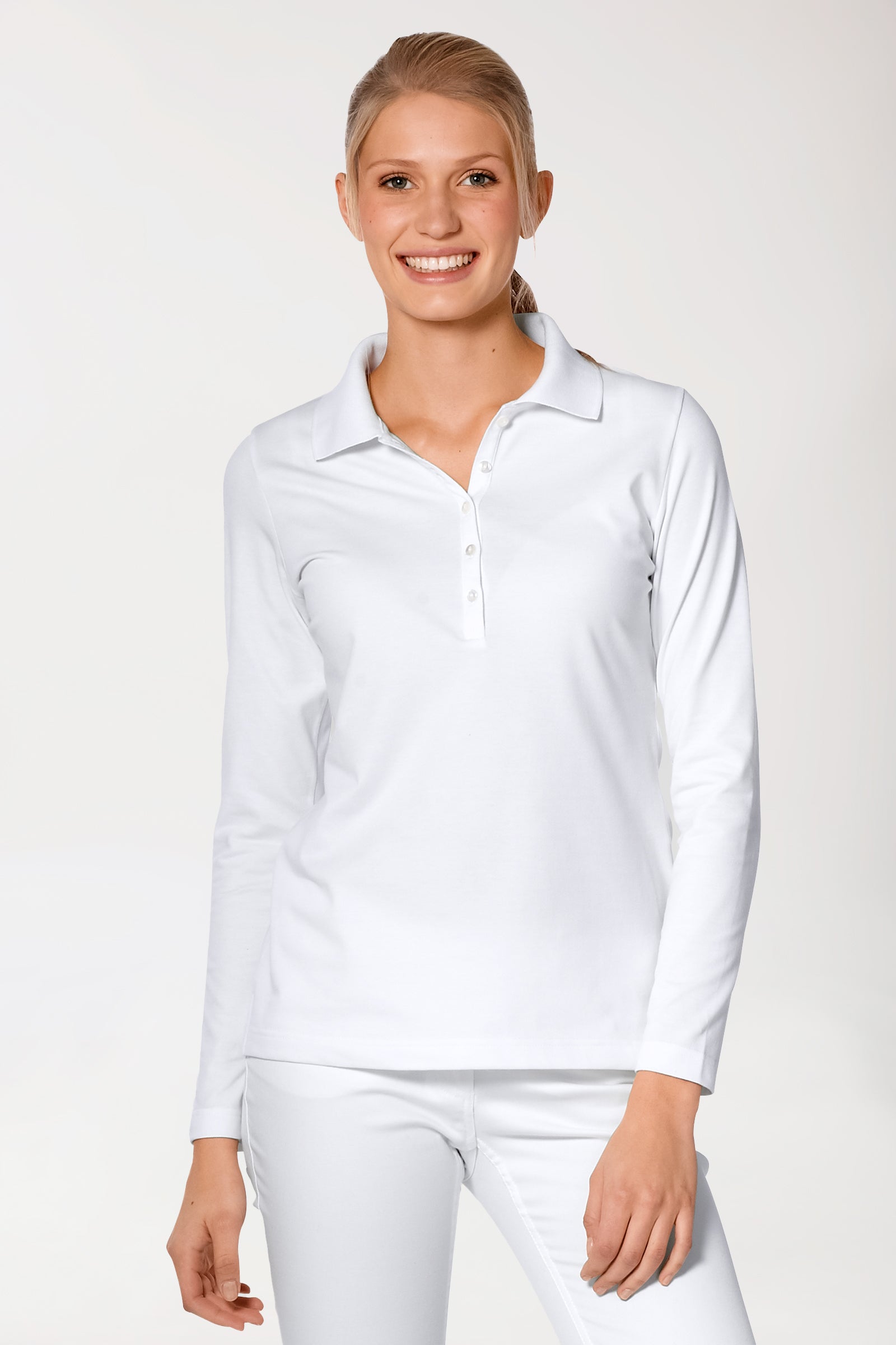 Stretch Shirt Damen - 1/1 Arm mit Polokragen weiß, Vorderansicht