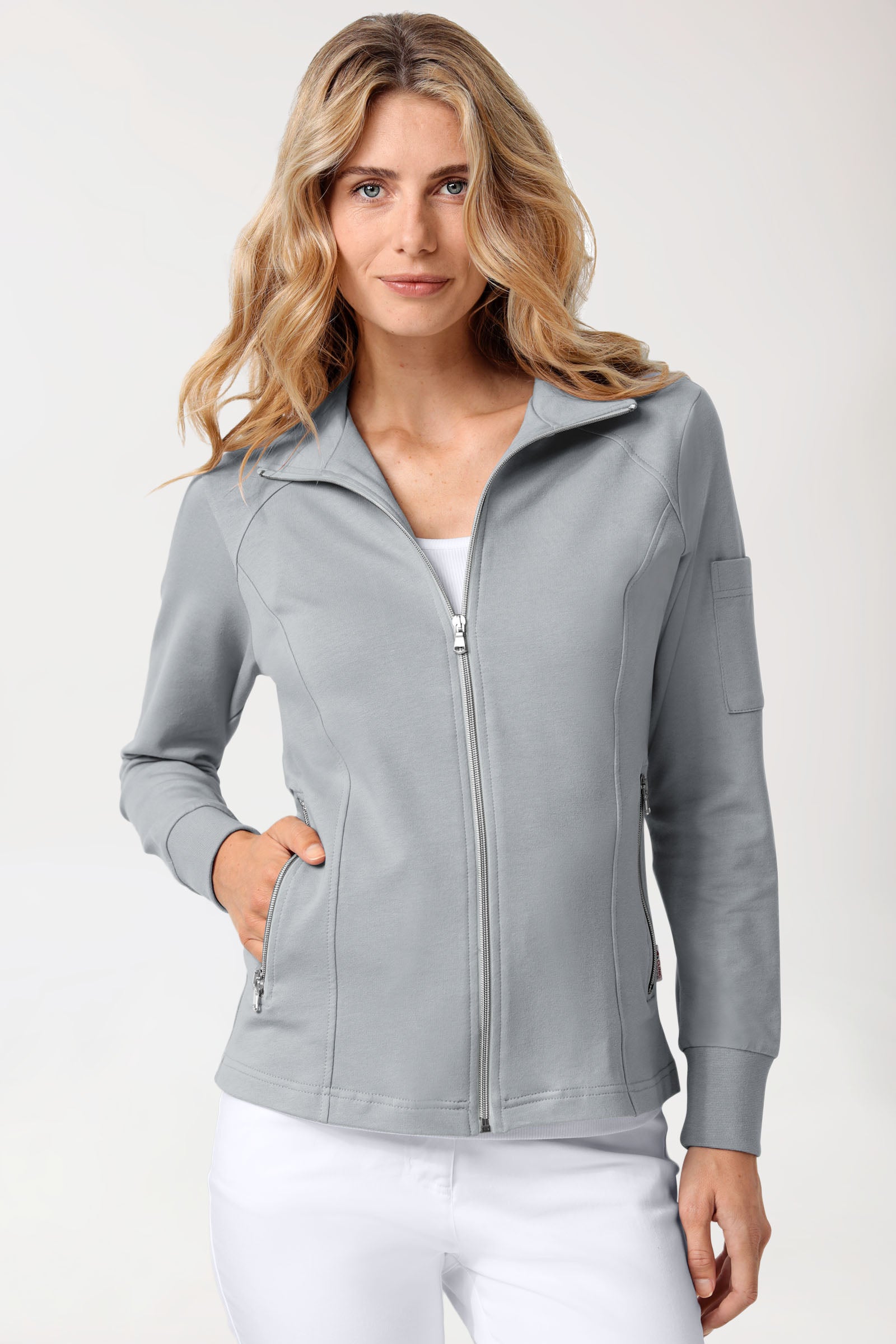 Sweatjacke Damen - Stehkragen grau, Vorderansicht