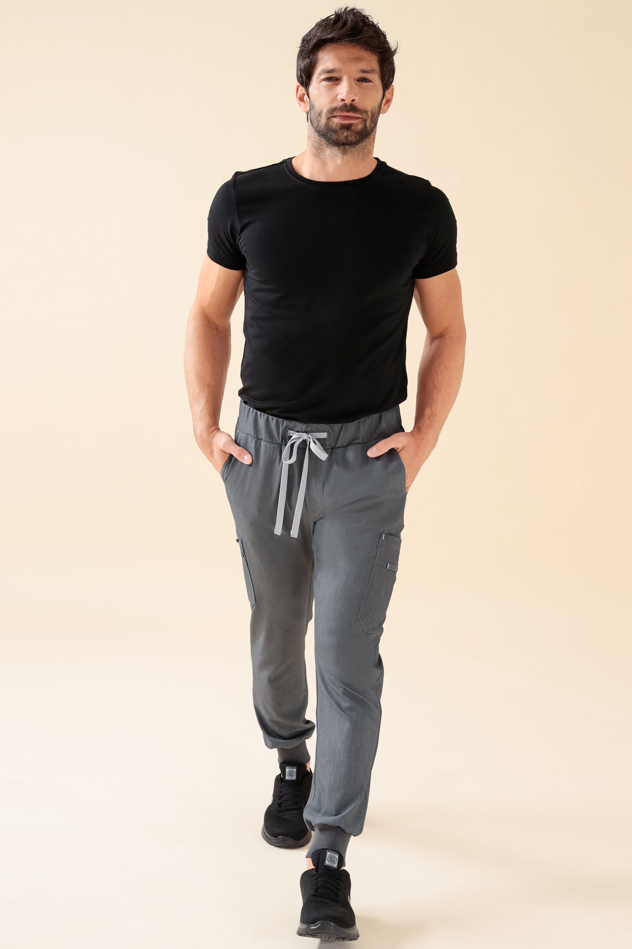KAERE Hose Herren - Saumbündchen Kurzgr. mit Beintaschen grau melange, Vorderansicht