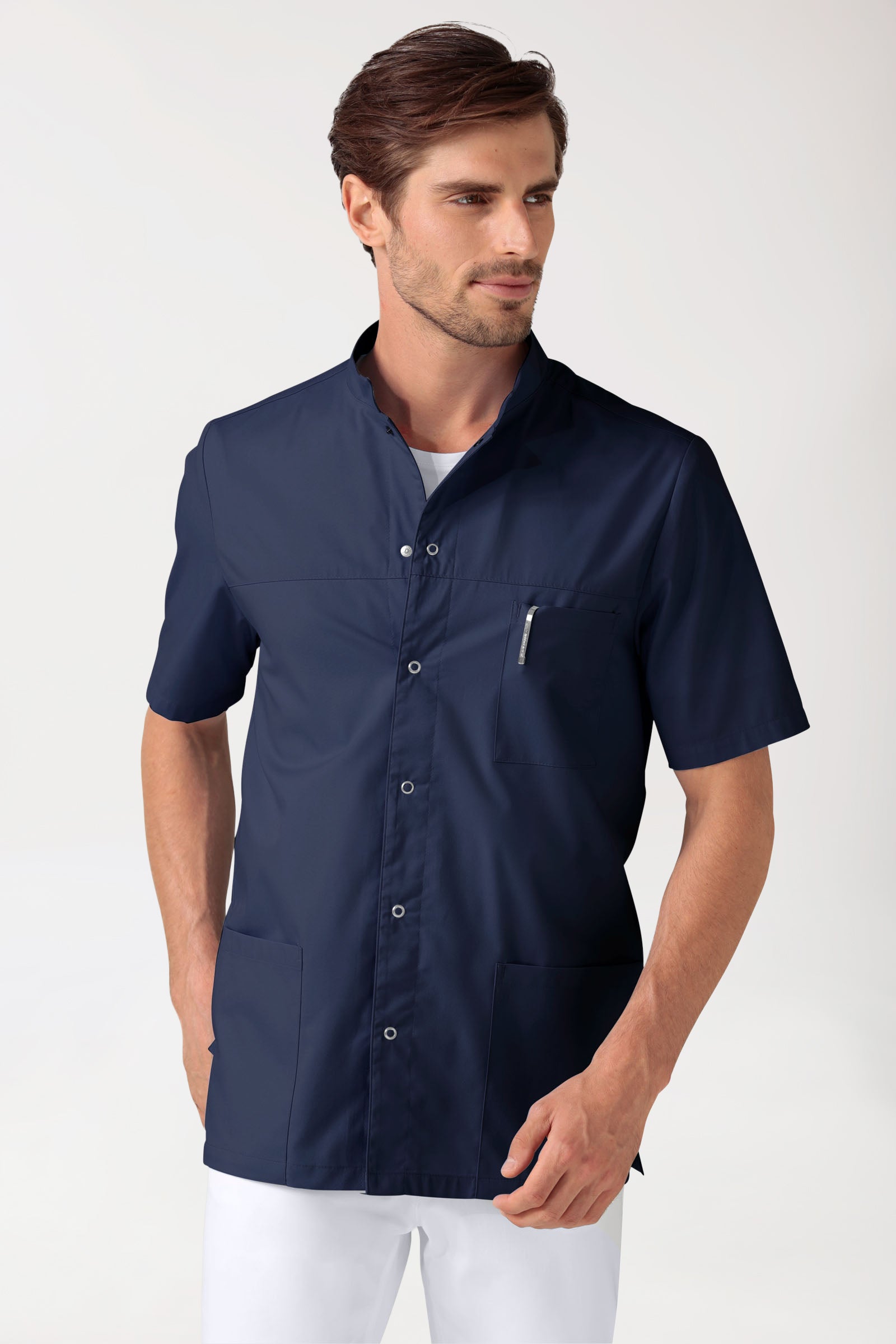 Stretch Kasack Herren - durchgeknöpft navy, Vorderansicht