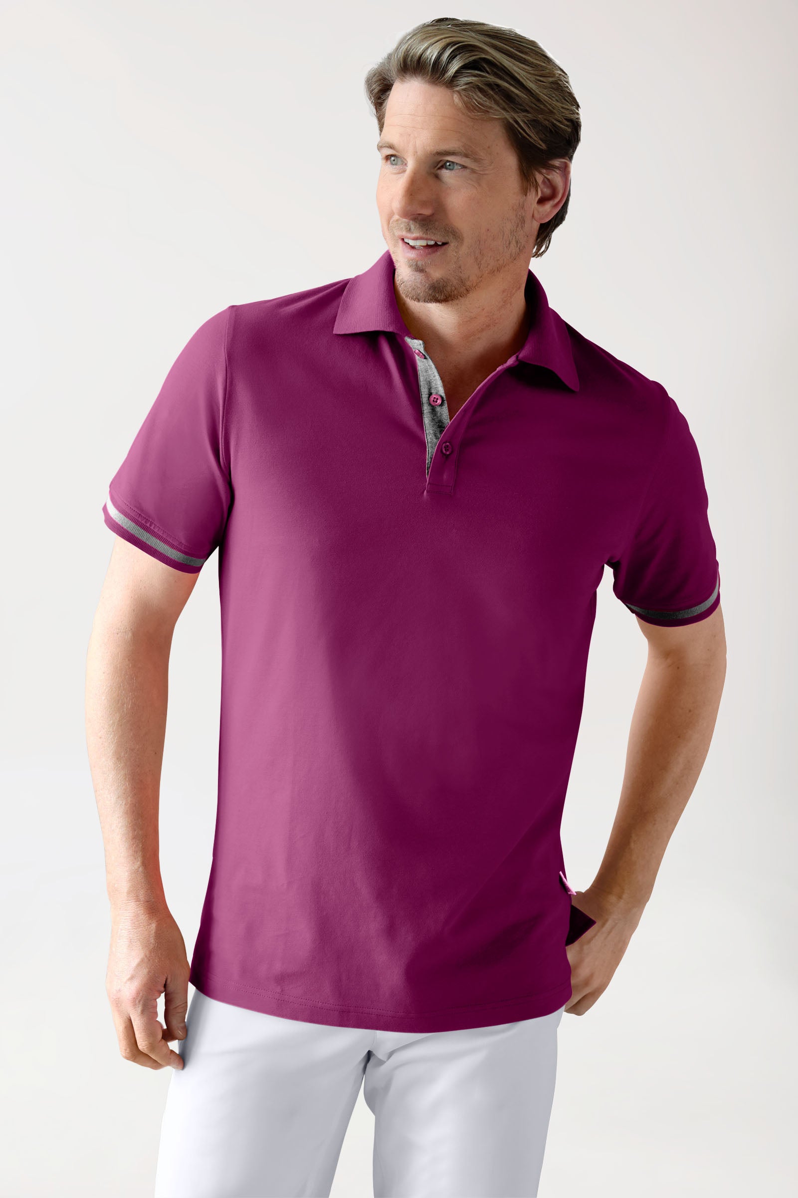 Stretch Shirt Herren - Polokragen berry/dunkelgrau melange, Vorderansicht