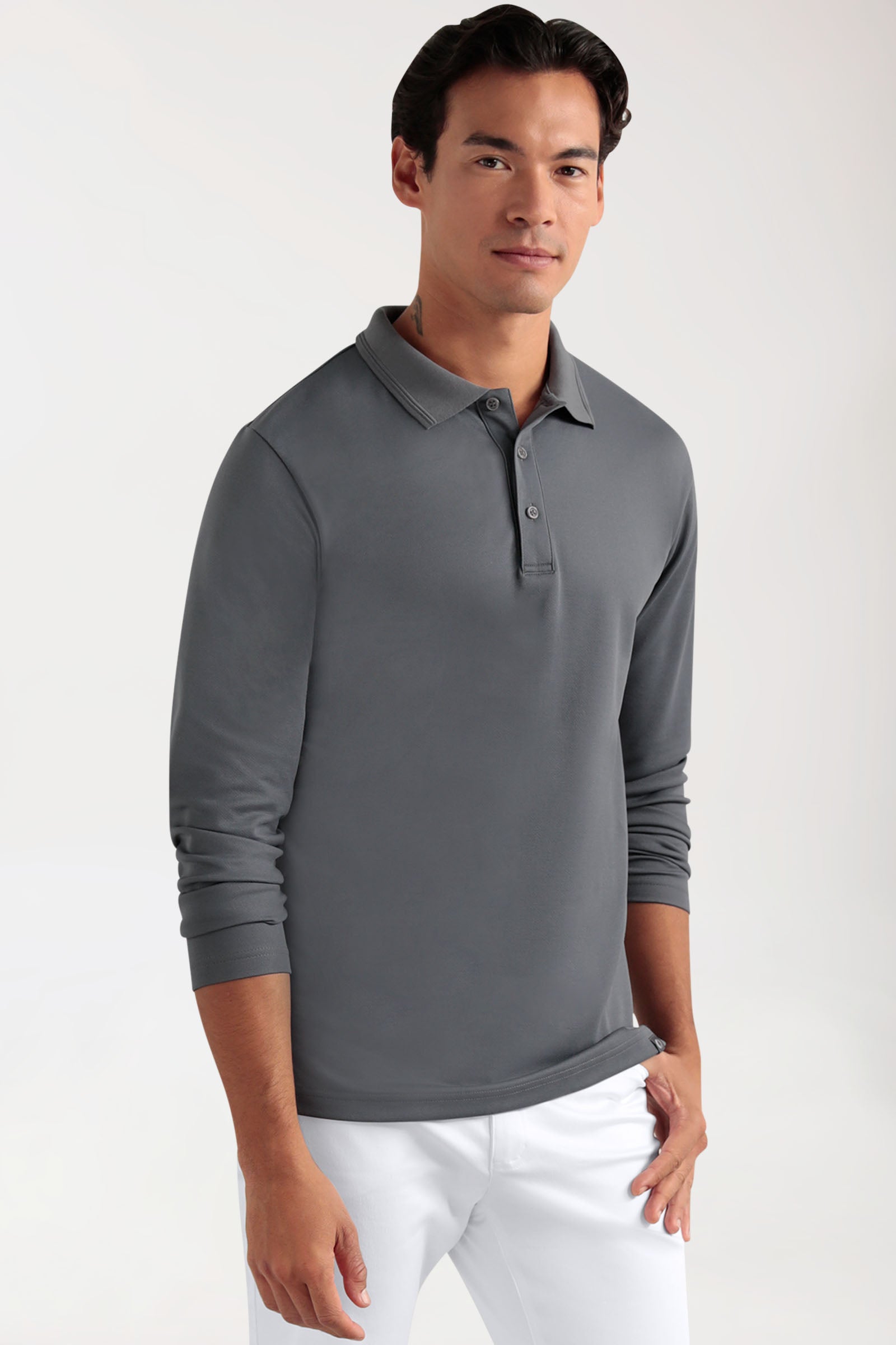 COMFY FLEX Stretch Longsleeve Herren - Polokragen steingrau