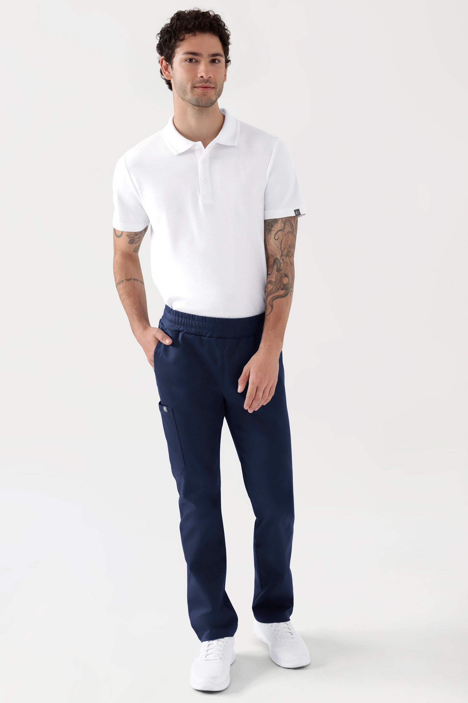 COMFY FLEX Stretch Hose Unisex - 1/1 Länge navy, Vorderansicht Das Model ist 188 cm groß und trägt Größe M