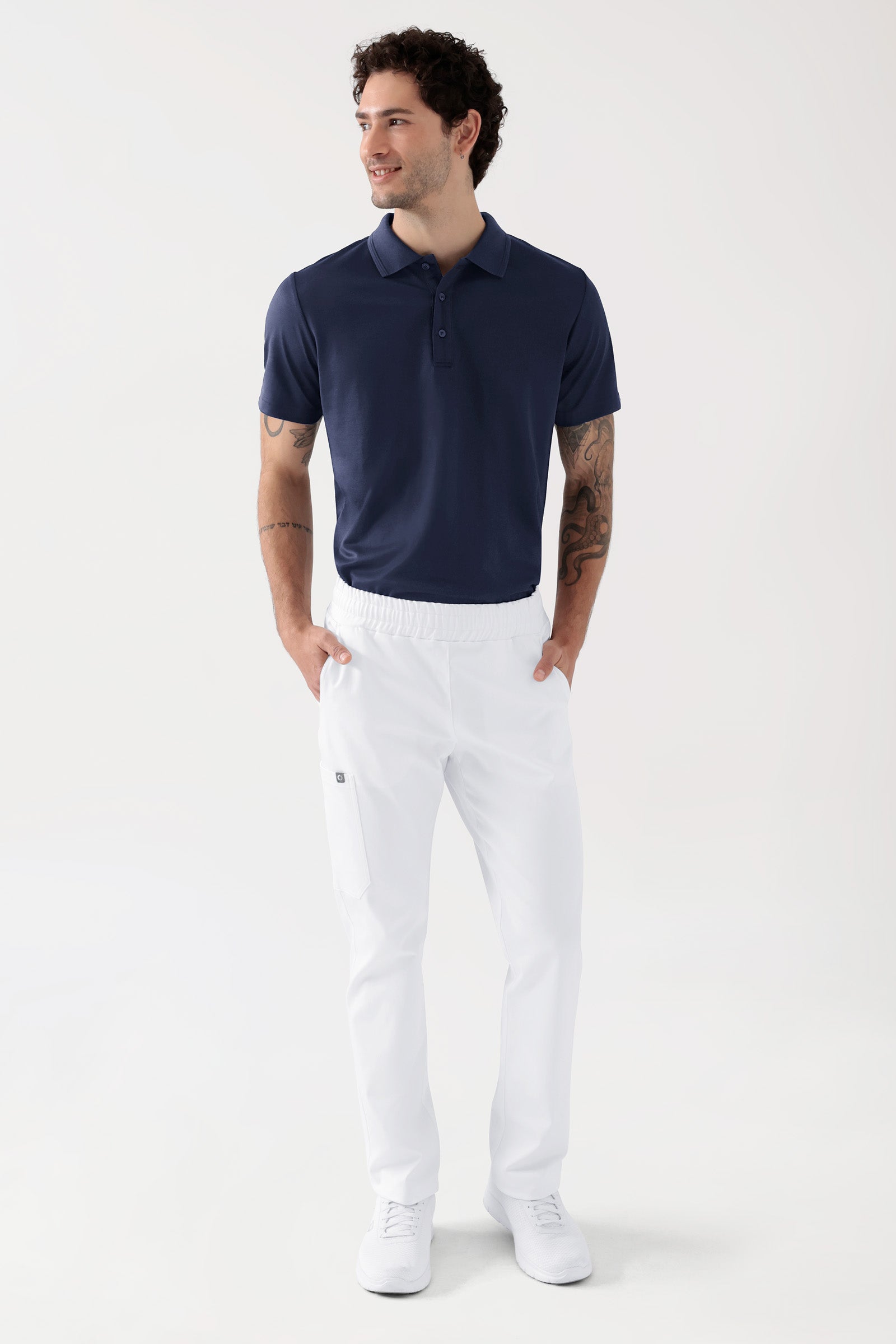 COMFY FLEX Stretch Hose Unisex - 1/1 Länge weiß, Vorderansicht Das Model ist 188 cm groß und trägt Größe M
