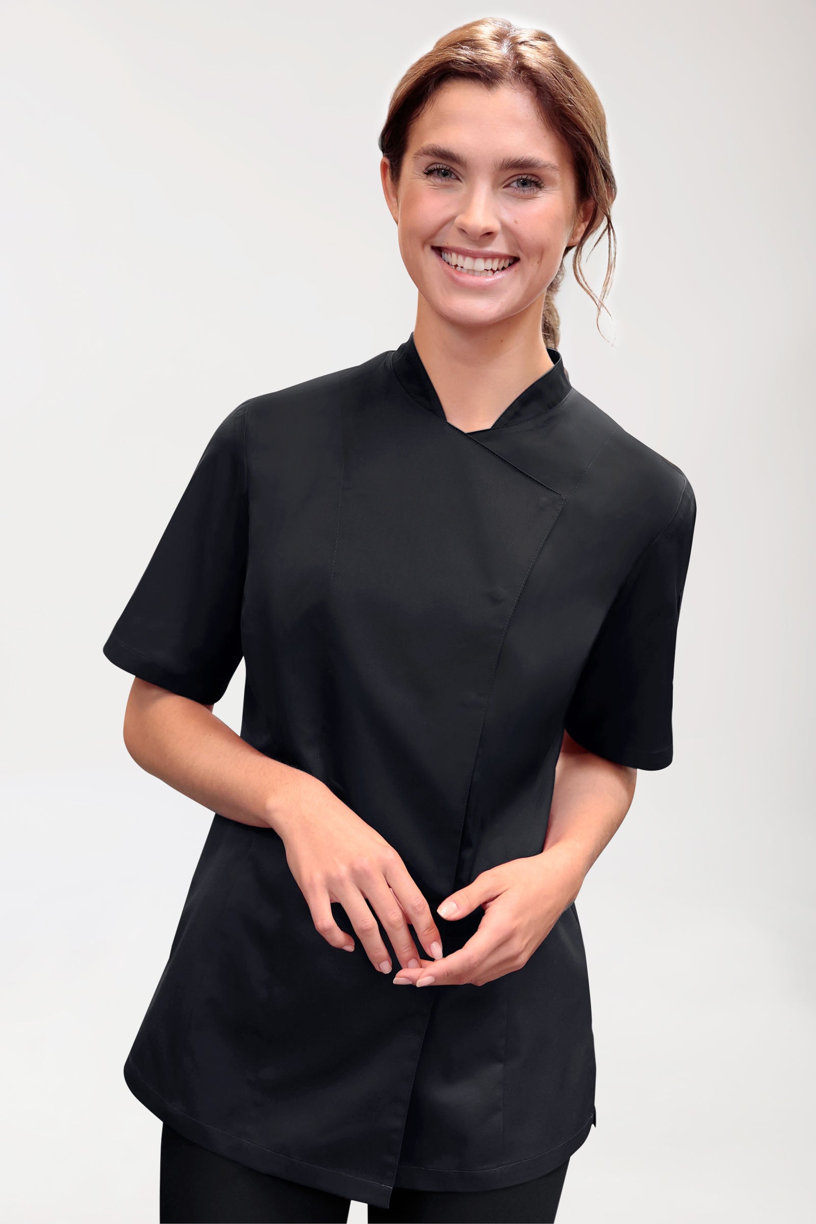 Gastro Kochjacke Damen - 1/2 Arm schwarz, Vorderansicht