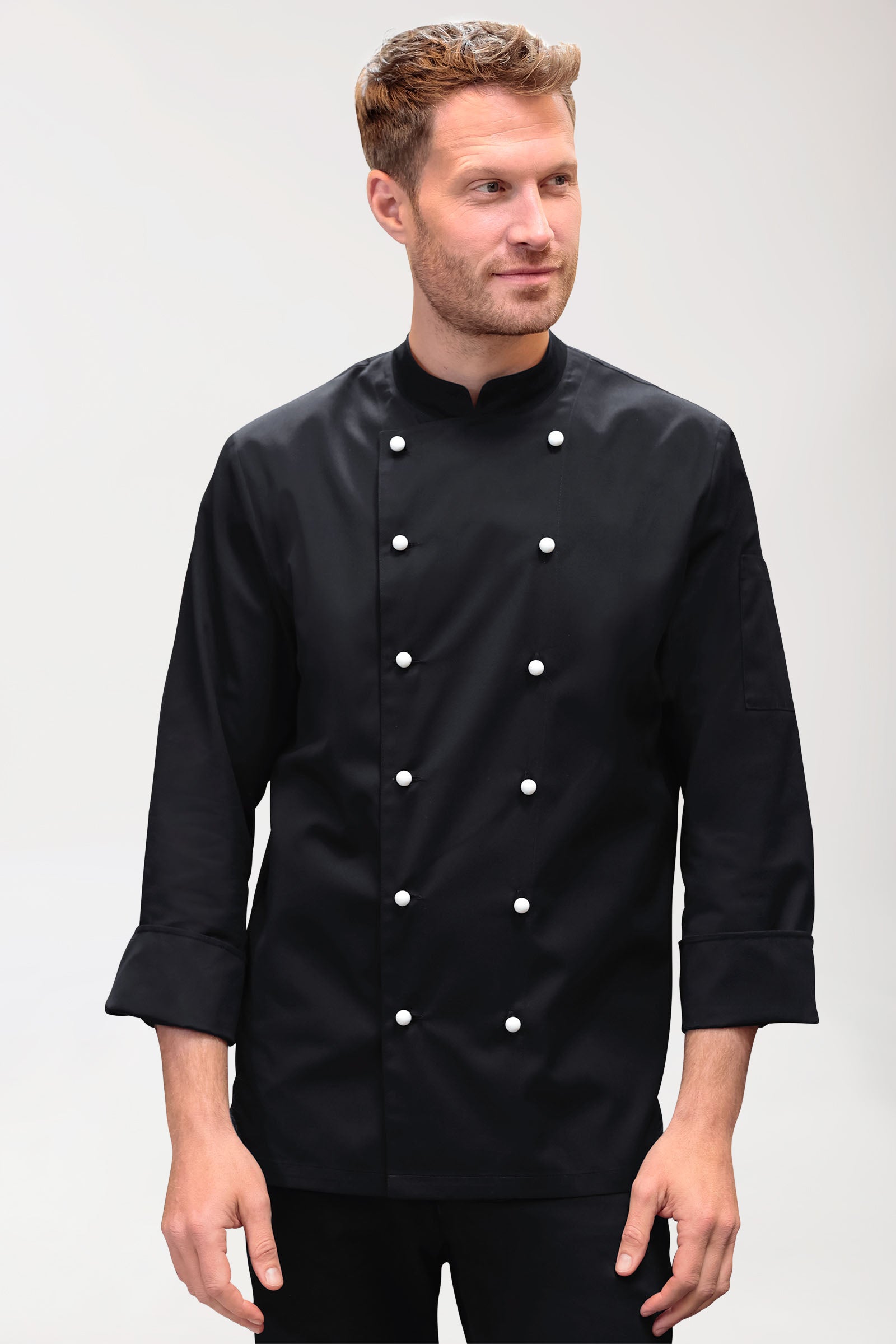 Gastro Kochjacke Herren - 6er Knopfreihe - 1/1 Arm schwarz, Vorderansicht